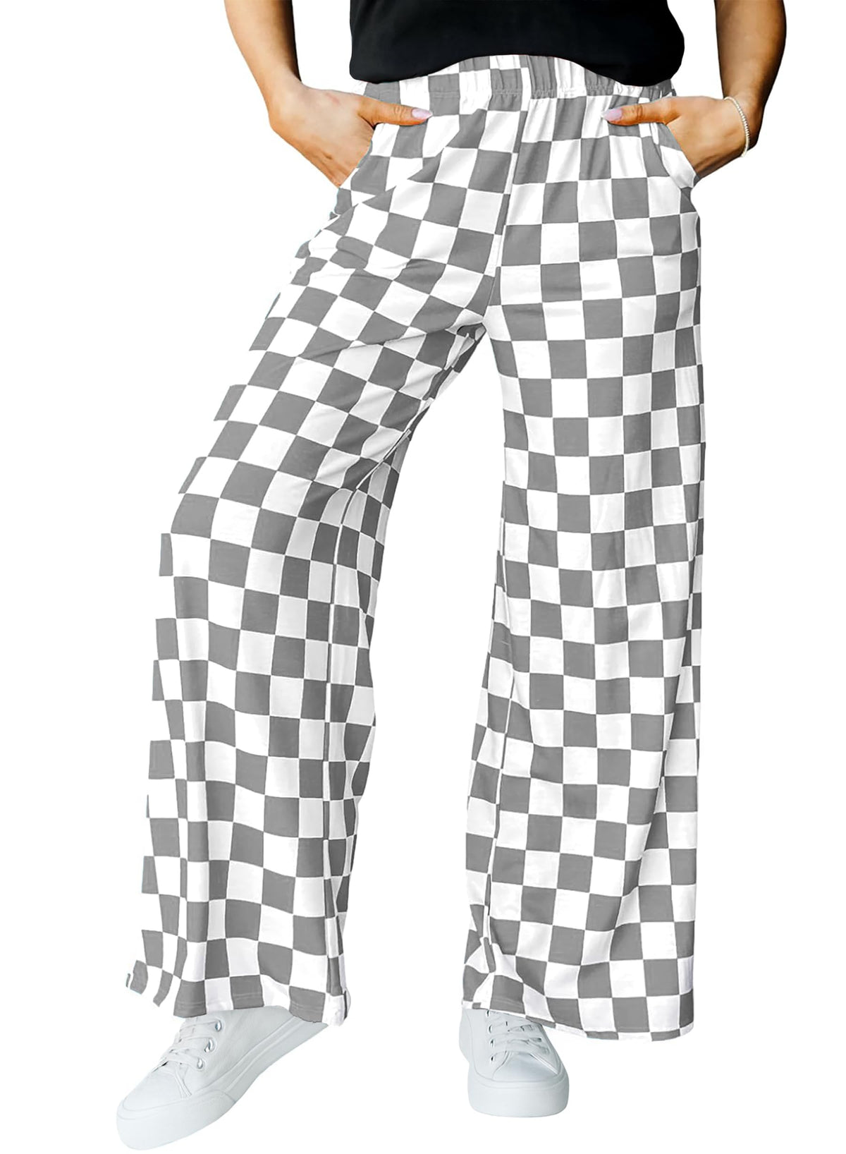 IWOLLENCE Women's Casual Loose Checkered Wide Leg Pants High Waist Straight Lounge Y2K Gingham Trousers