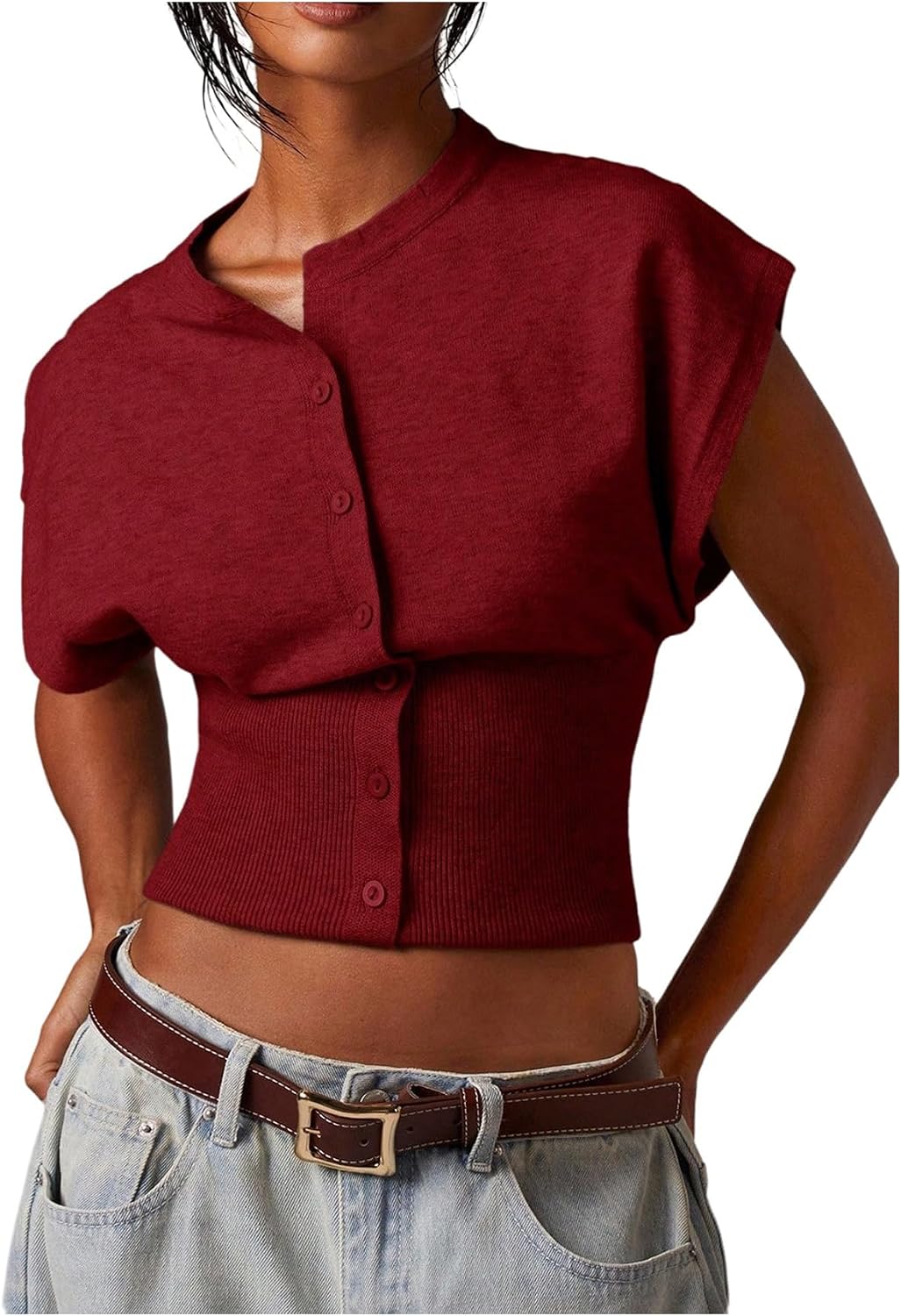 SHENHE Women's Cap Sleeve Button Up Sweater Sleeveless Knit Vest Crop Top