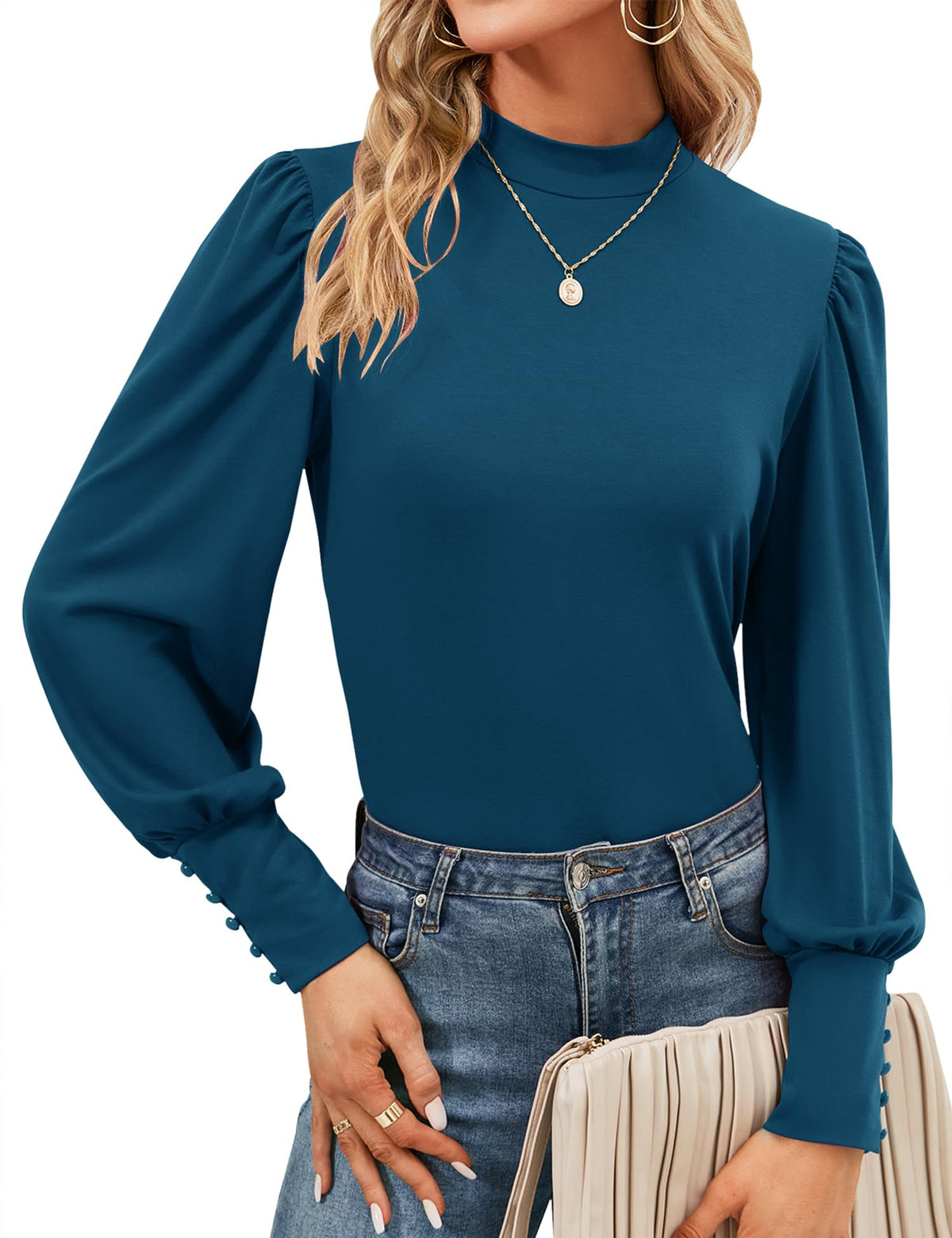 Mock Neck Tops for Womens Turtleneck Puff Long Sleeve Shirts Blouses