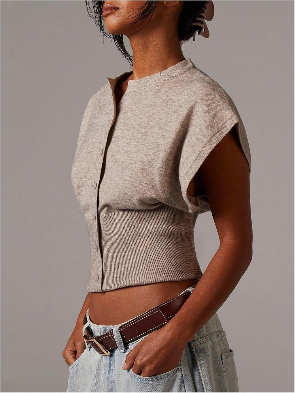 SHENHE Women's Cap Sleeve Button Up Sweater Sleeveless Knit Vest Crop Top