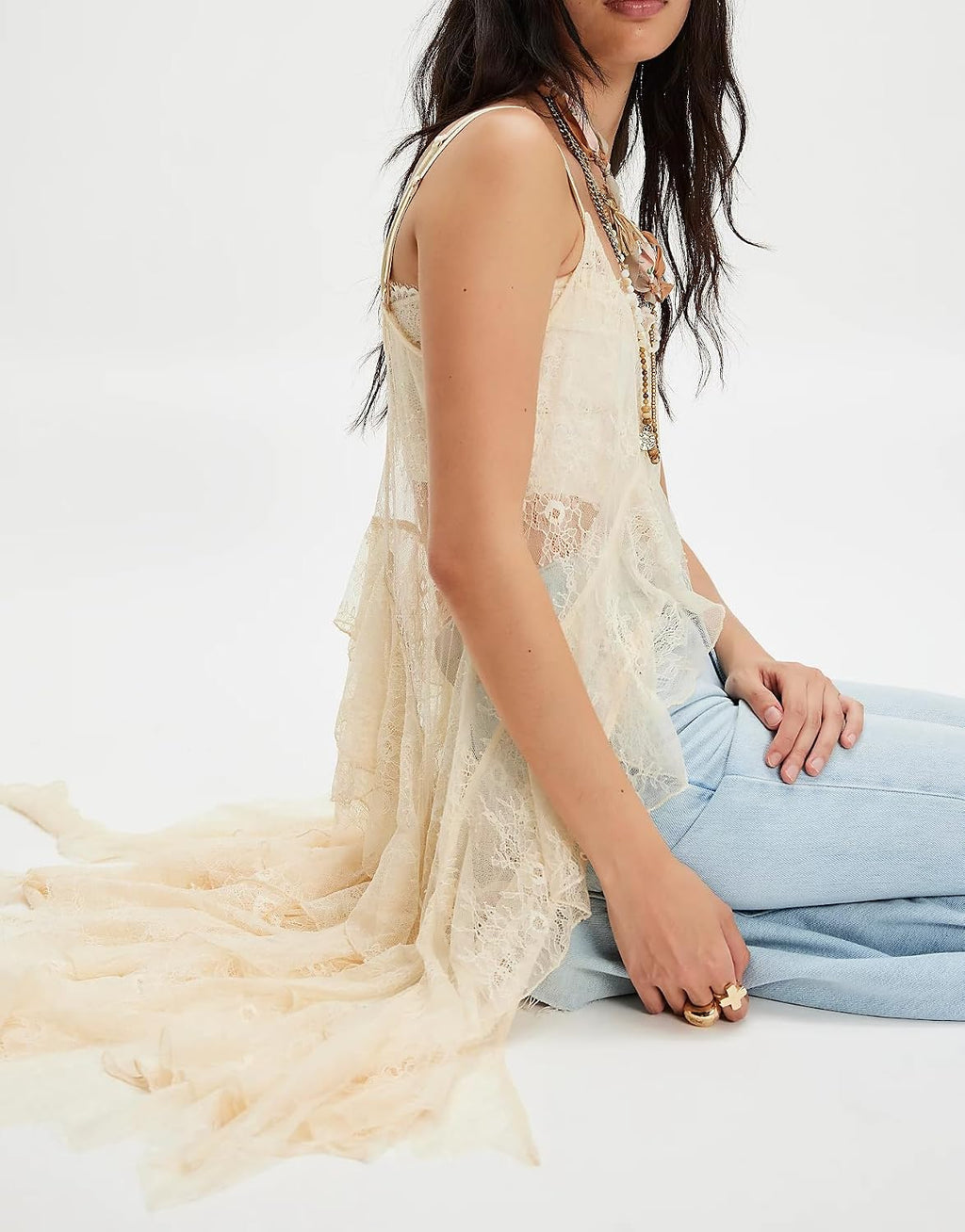 Women Sheer Floral Lace Cami Tops Spaghetti Strap Ruffle Flowy Long Tank Tops Sexy Split Front Going Out Top