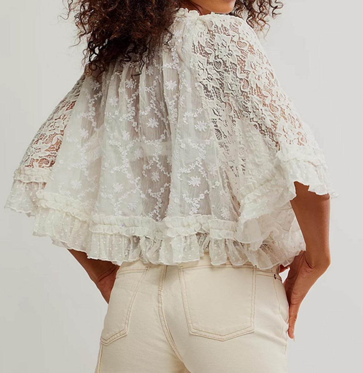 Womens Boho Flowy Lace Shirt Sheer Ruffle Flare Sleeve Casual Loose See Through Cover Up Top Blouse Summer Beachwear