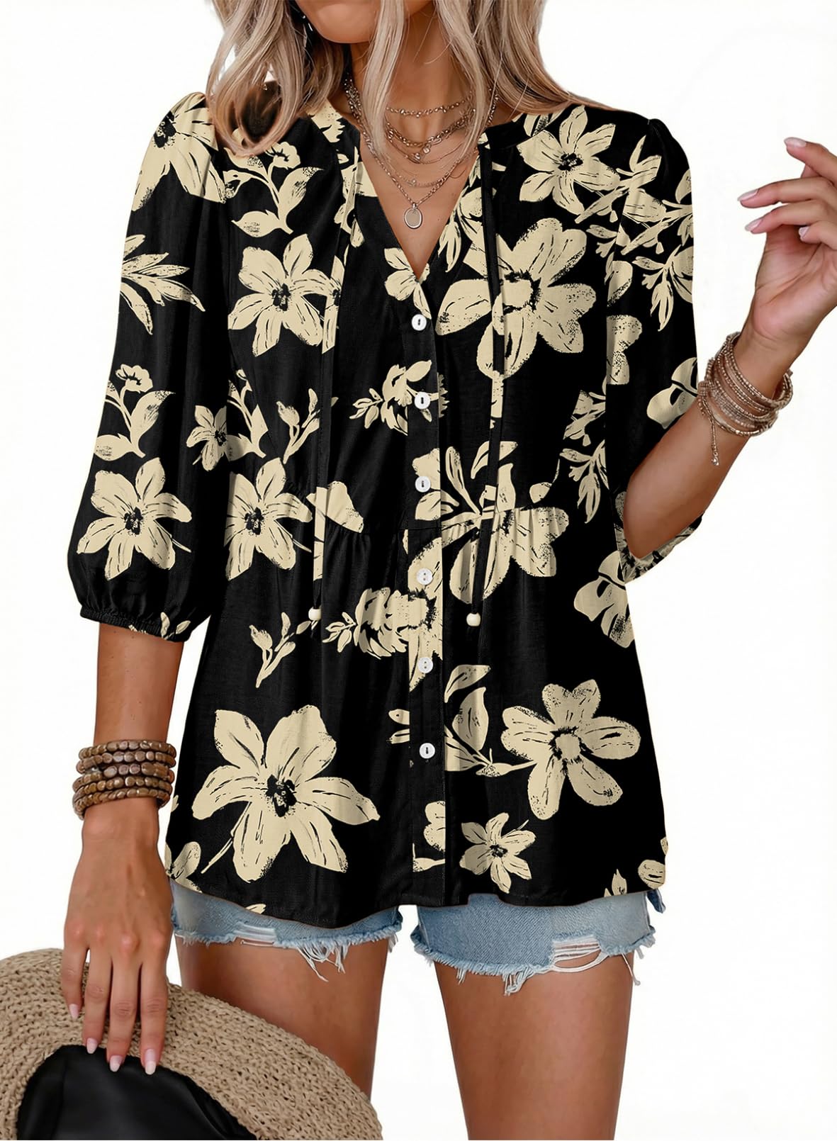 Dokotoo Womens Tops Boho Button Down V Neck Peplum Babydoll Blouses Shirts