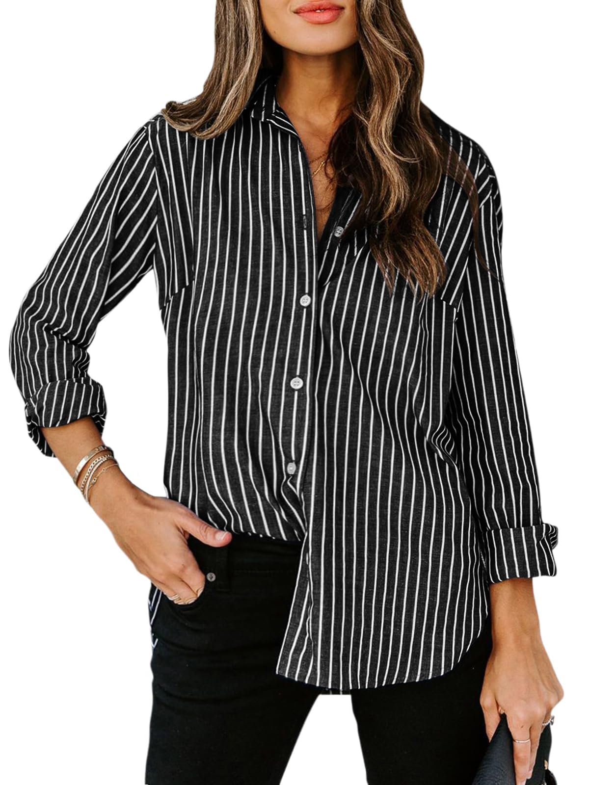 siliteelon Striped Button Down Shirts Women Cotton Long Sleeve Work Blouses