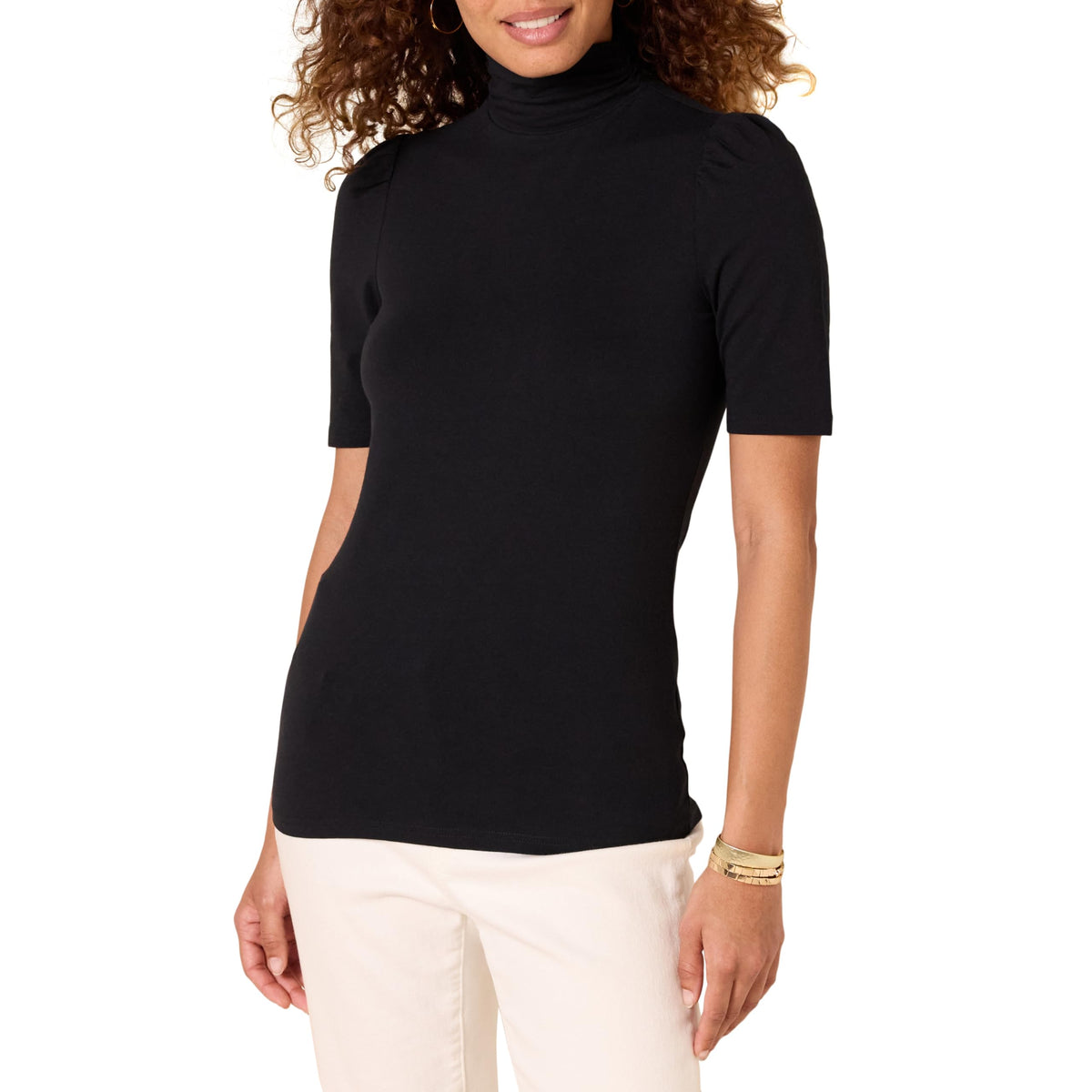 Amazon Essentials Women's Cotton Modal Draped Puff Sleeve Turtleneck Top, Navy, Regular Fit