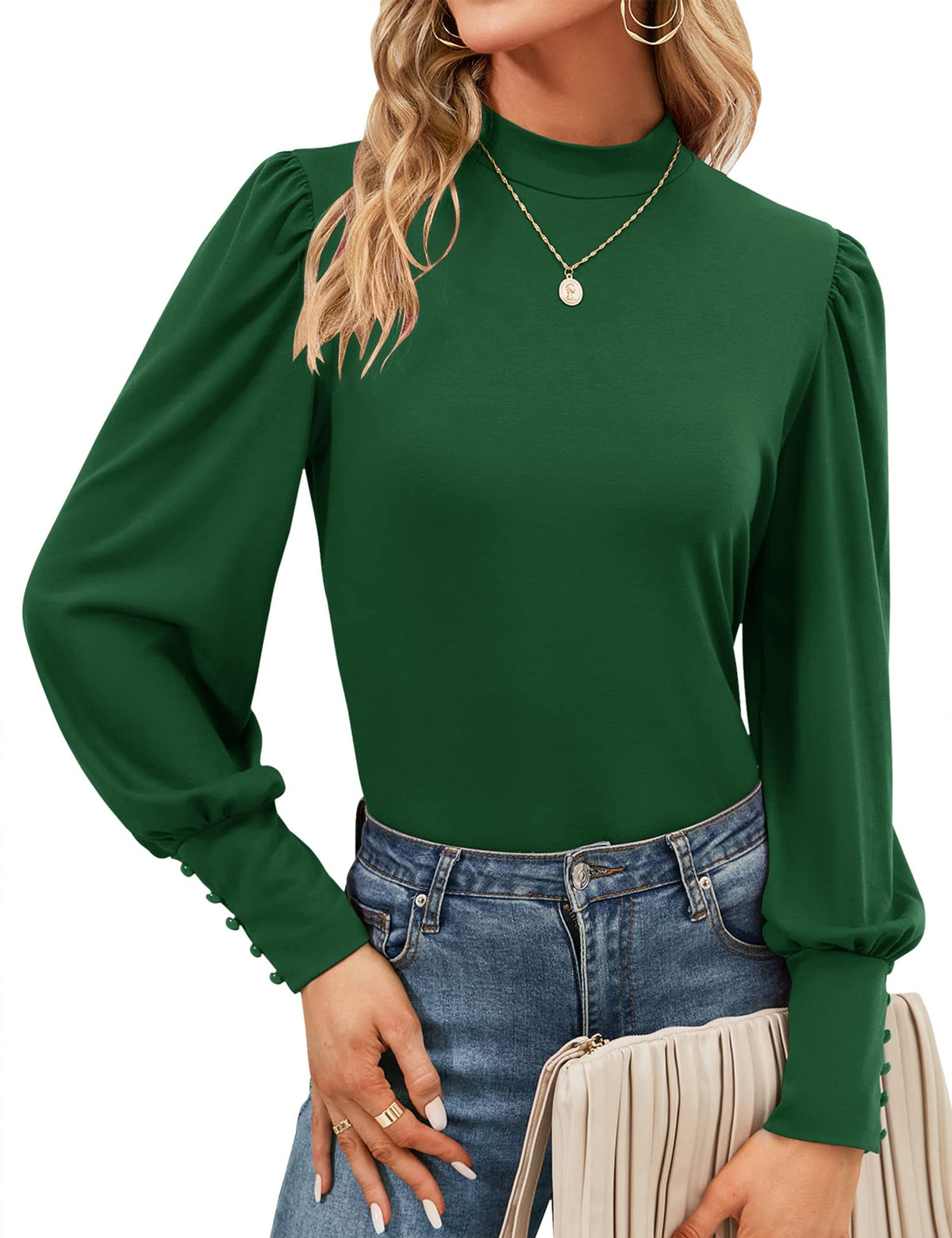 Mock Neck Tops for Womens Turtleneck Puff Long Sleeve Shirts Blouses