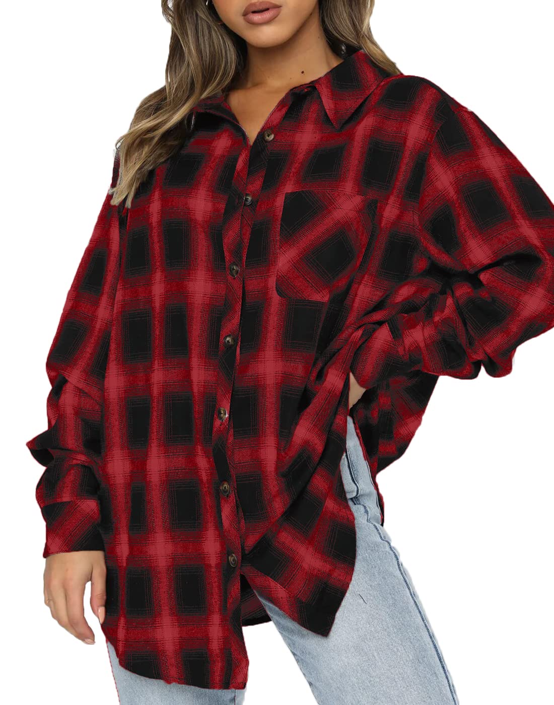 CHYRII Womens Button Down Flannel Shirts Long Sleeve Plaid Shackets Business Casual Blouse Top