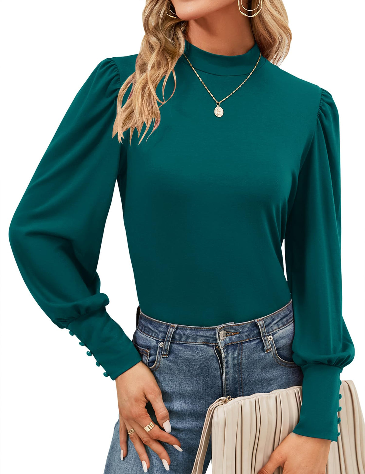 Mock Neck Tops for Womens Turtleneck Puff Long Sleeve Shirts Blouses
