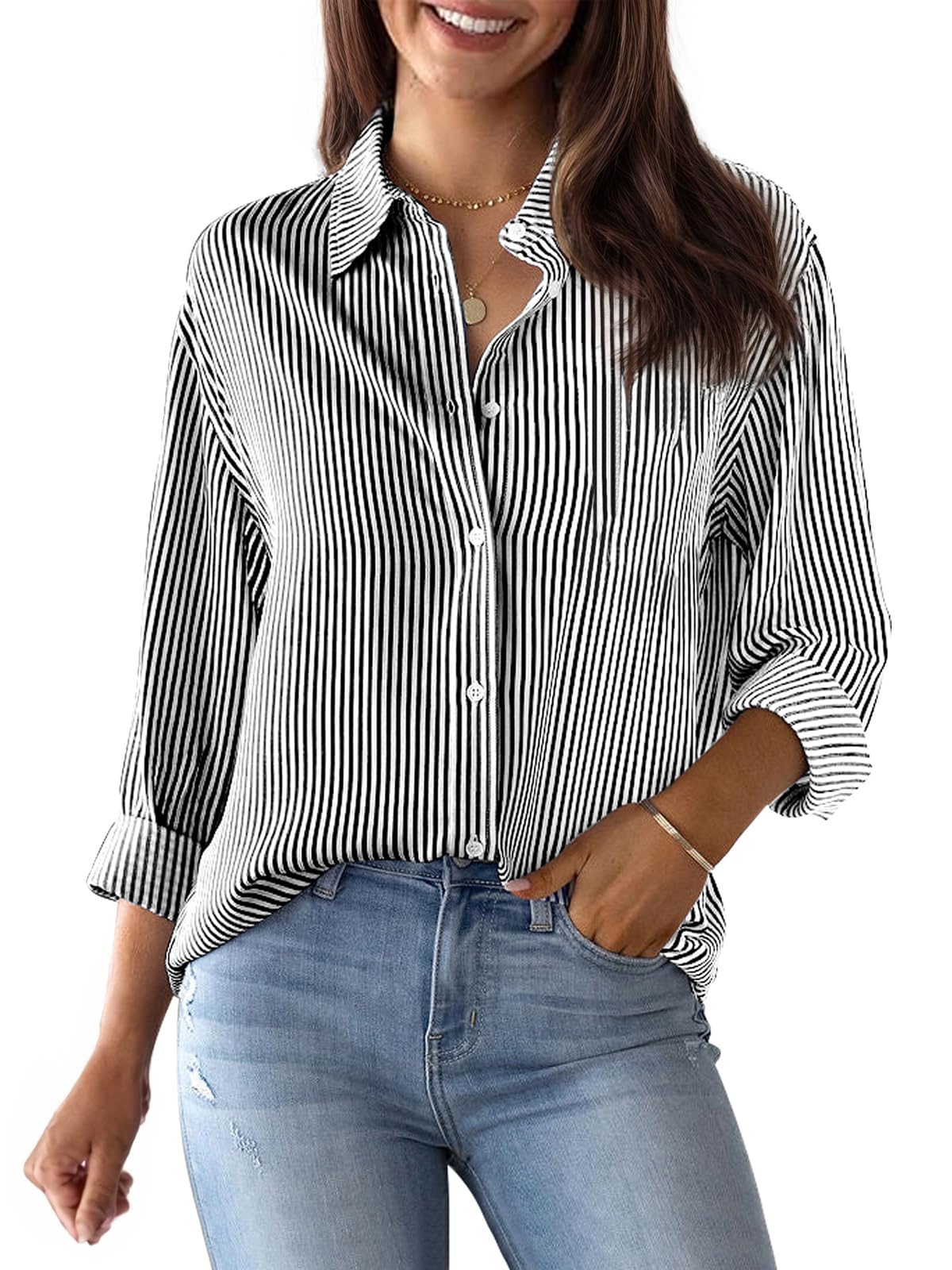 siliteelon Striped Button Down Shirts Women Cotton Long Sleeve Work Blouses