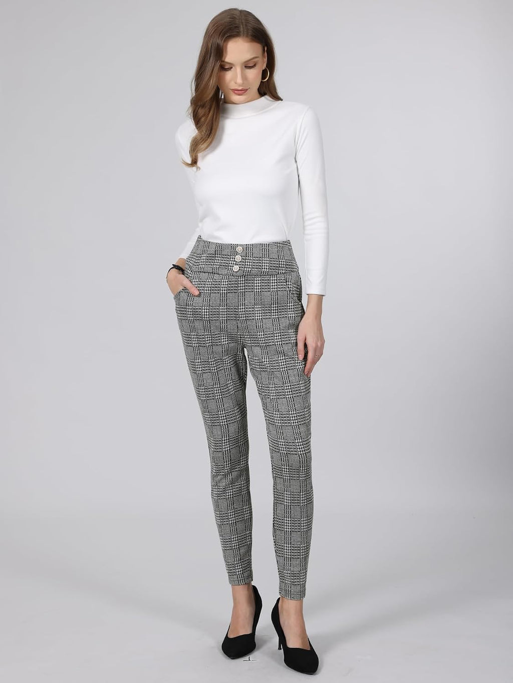 Hobemty Women Plaid Houndstooth High Waist Casual Work Skinny Pants