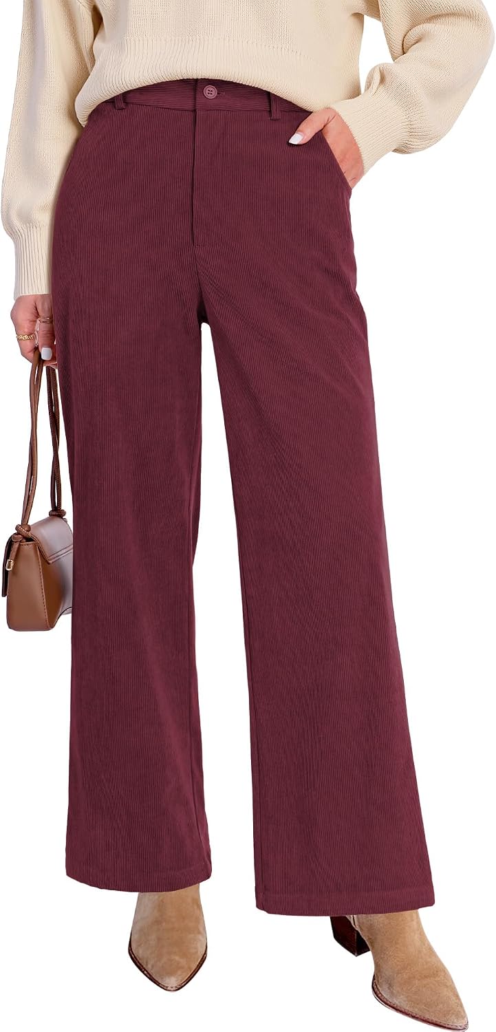 GRAPENT Corduroy Wide Leg Pants Woman High Waisted Fall Business Casual Elastic Waist Loose Trendy Trousers with Pockets