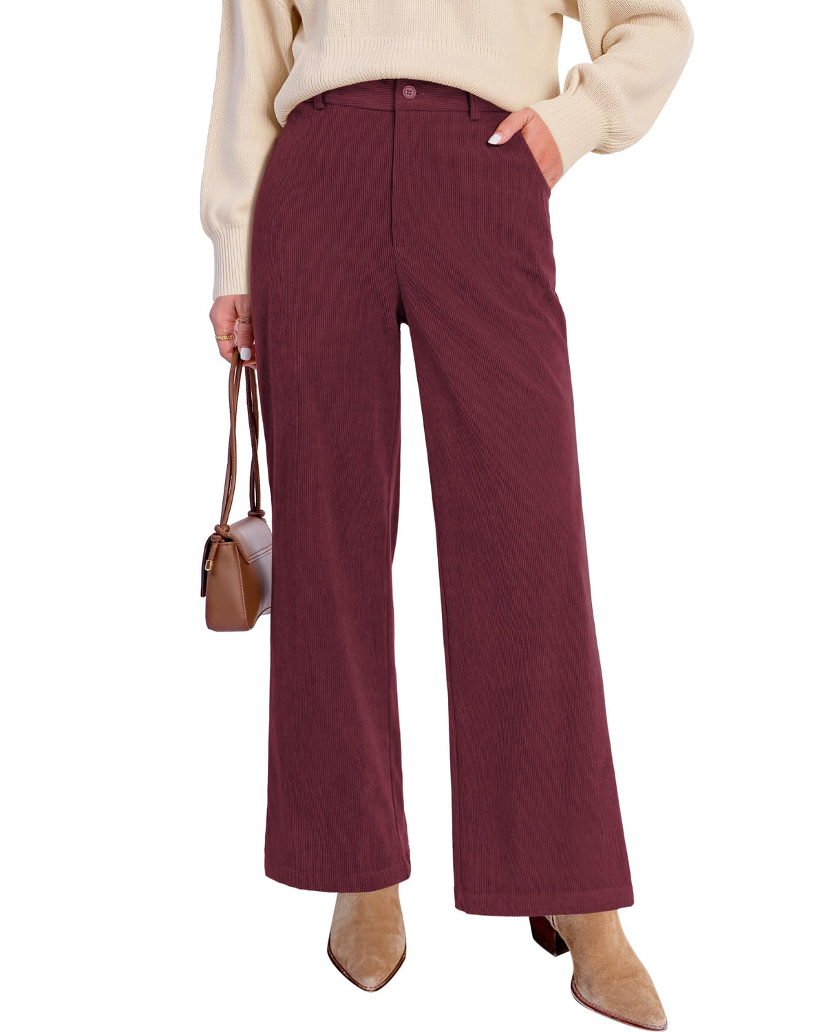 GRAPENT Corduroy Wide Leg Pants Woman High Waisted Fall Business Casual Elastic Waist Loose Trendy Trousers with Pockets