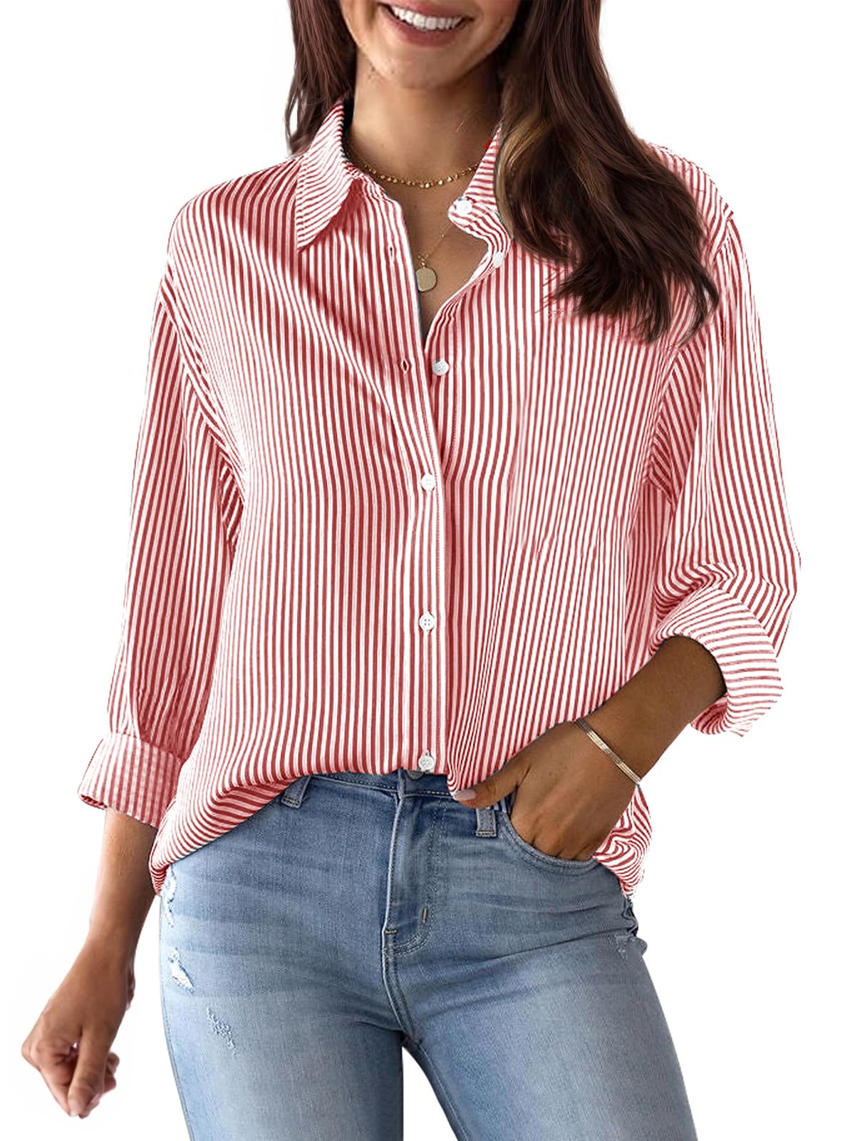 siliteelon Striped Button Down Shirts Women Cotton Long Sleeve Work Blouses