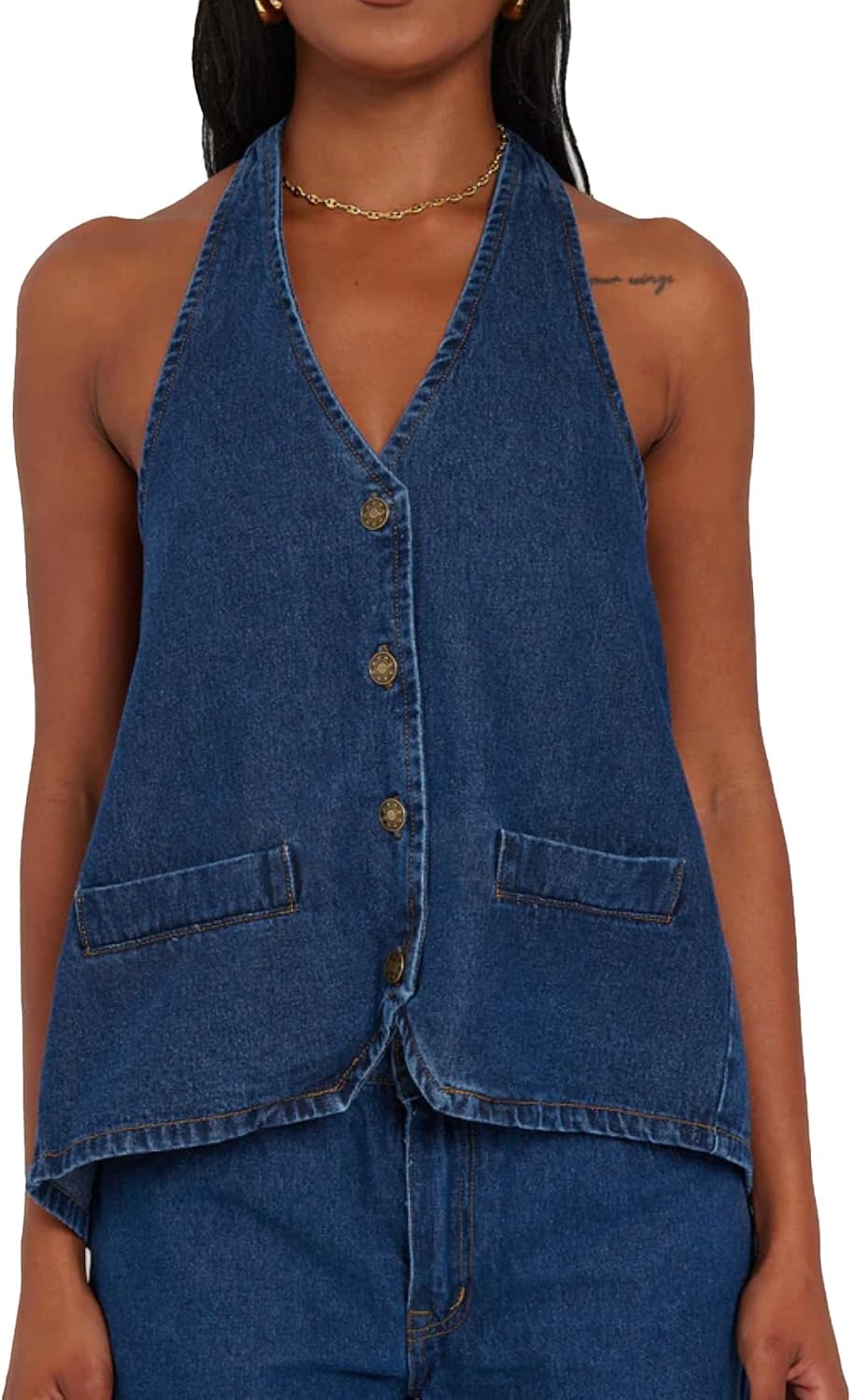 Kedera Women Halter Denim Vest Top V Neck Button Up Backless Jean Tank Top
