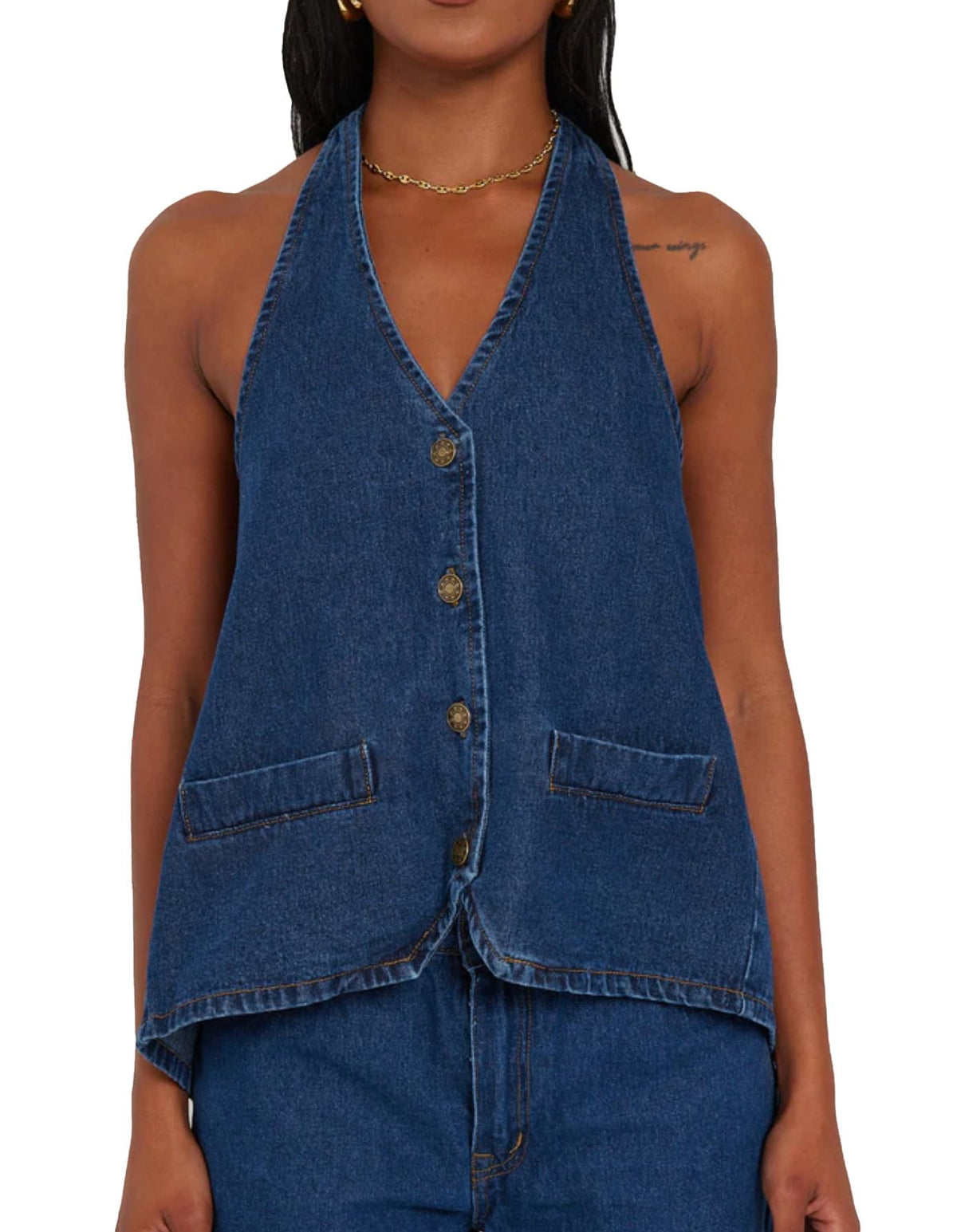 Kedera Women Halter Denim Vest Top V Neck Button Up Backless Jean Tank Top