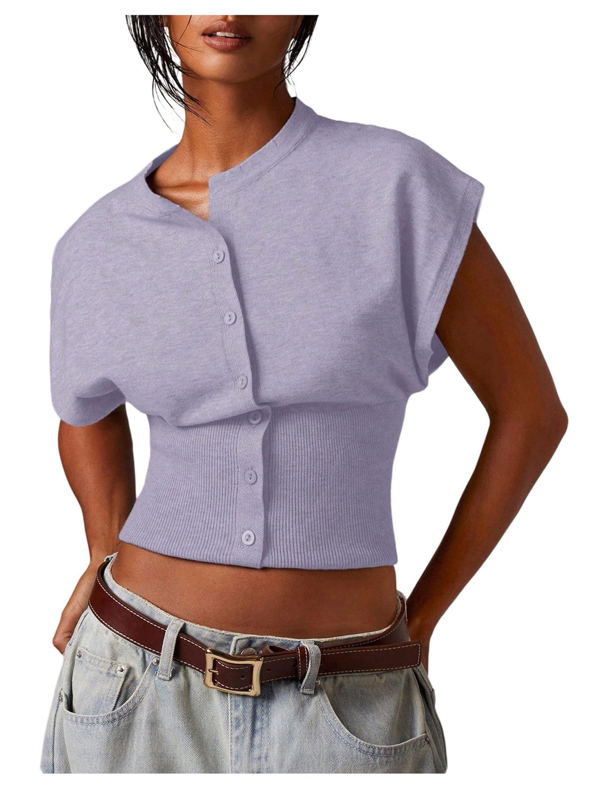 SHENHE Women's Cap Sleeve Button Up Sweater Sleeveless Knit Vest Crop Top
