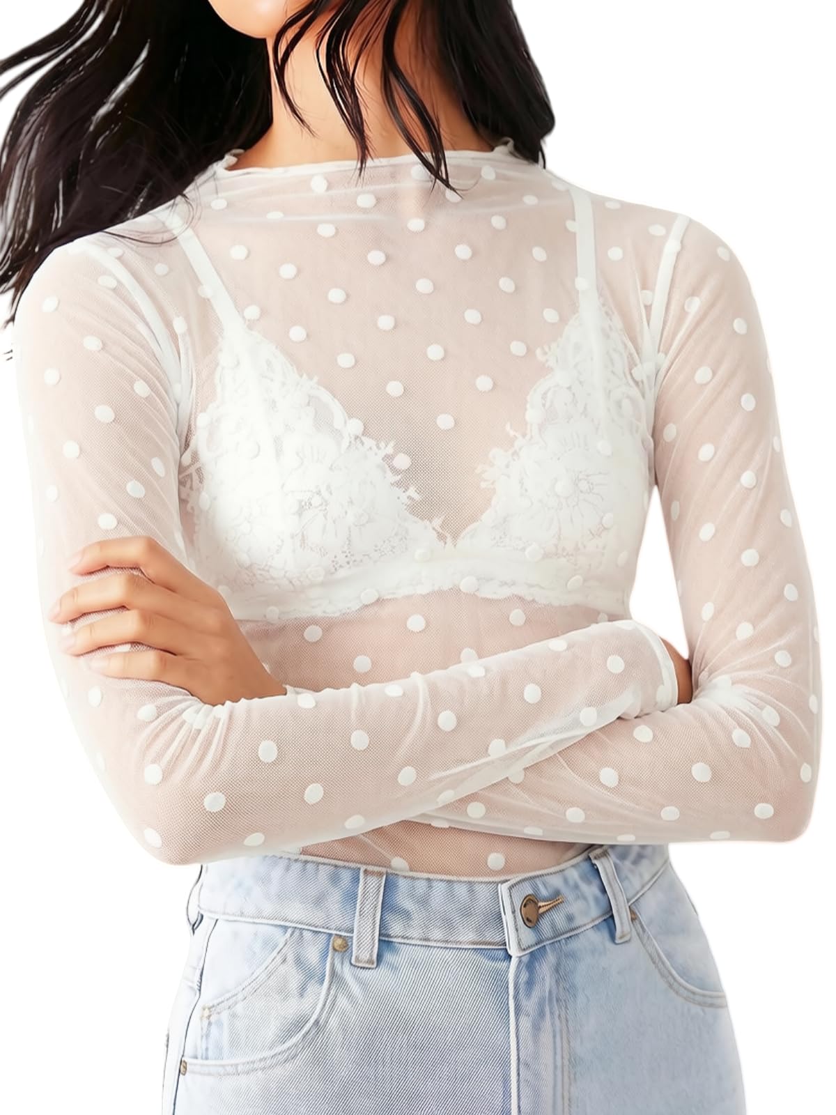 KMBANGI Women's Mesh Lace Long Sleeve Top Mock Neck Sheer Layering Tops