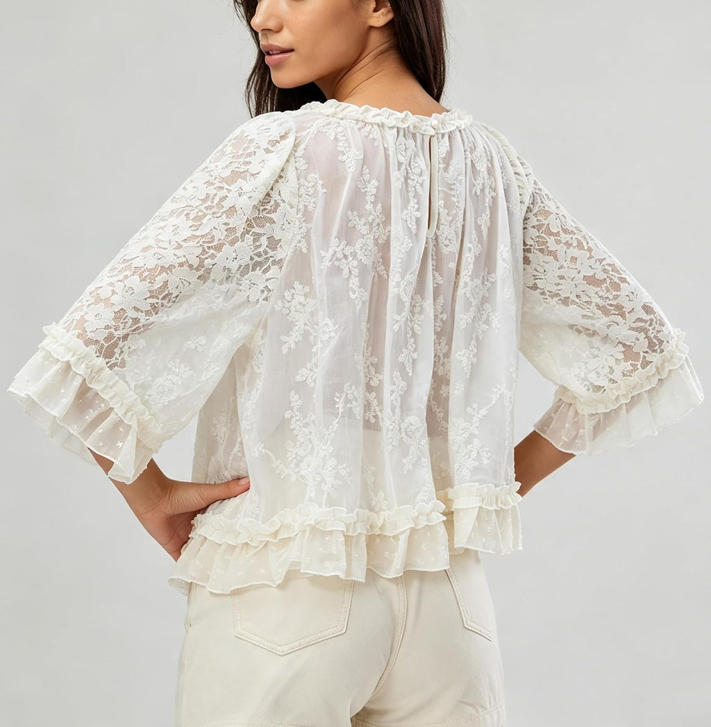 Womens Boho Flowy Lace Shirt Sheer Ruffle Flare Sleeve Casual Loose See Through Cover Up Top Blouse Summer Beachwear