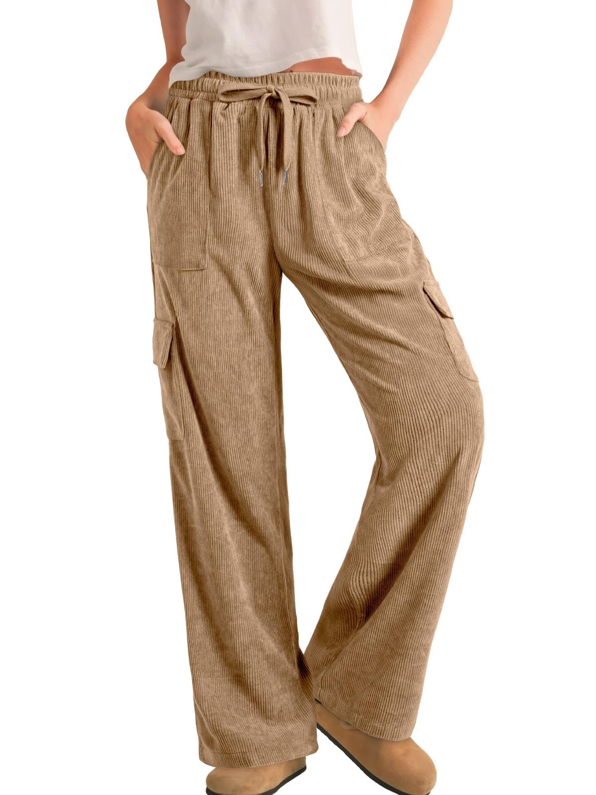 Sidefeel Womens Corduroy Pants Casual High Waisted Elastic Drawstring Cargo Loose Fit Wide Leg Pants with Pockets