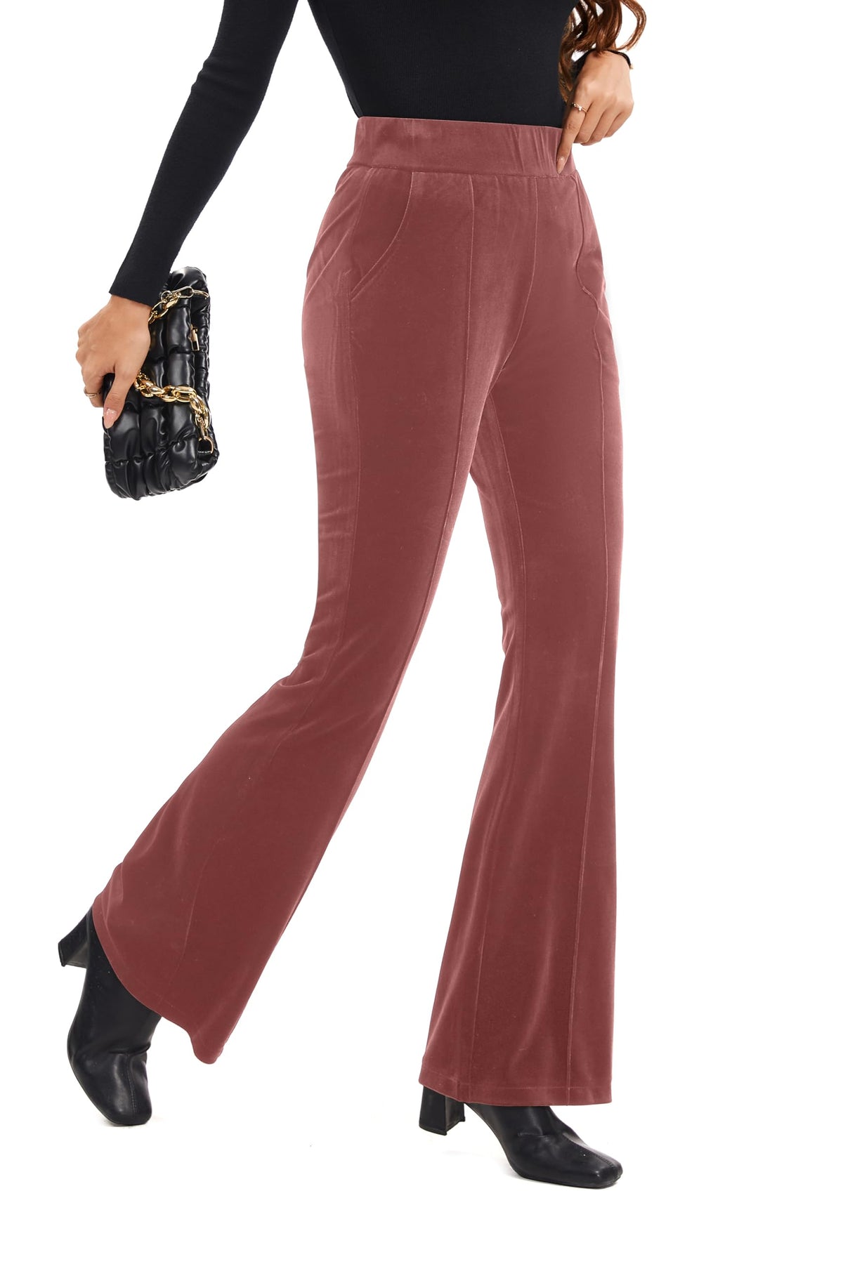 FUNYYZO Velvet Pants Women Flare Pull On Elastic Waist Holiday Outfits