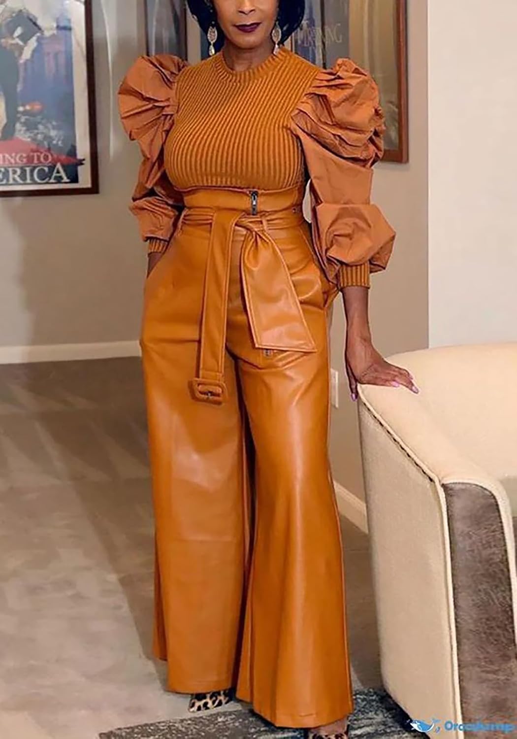 Tcremisa Leather Pants Women High Waisted Faux Leather Wide Leg Pant
