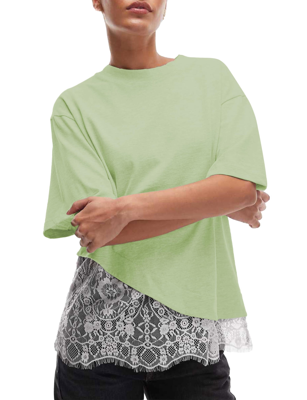 Womens Lace Patchwork Tops Casual Short Sleeve Cotton T Shirts