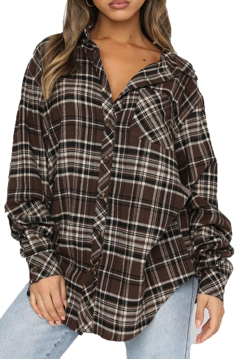 CHYRII Womens Button Down Flannel Shirts Long Sleeve Plaid Shackets Business Casual Blouse Top