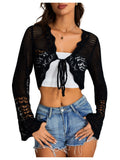 OYOANGLE Women's Crochet Tie Front Cardigan Sweater Bolero Shrug