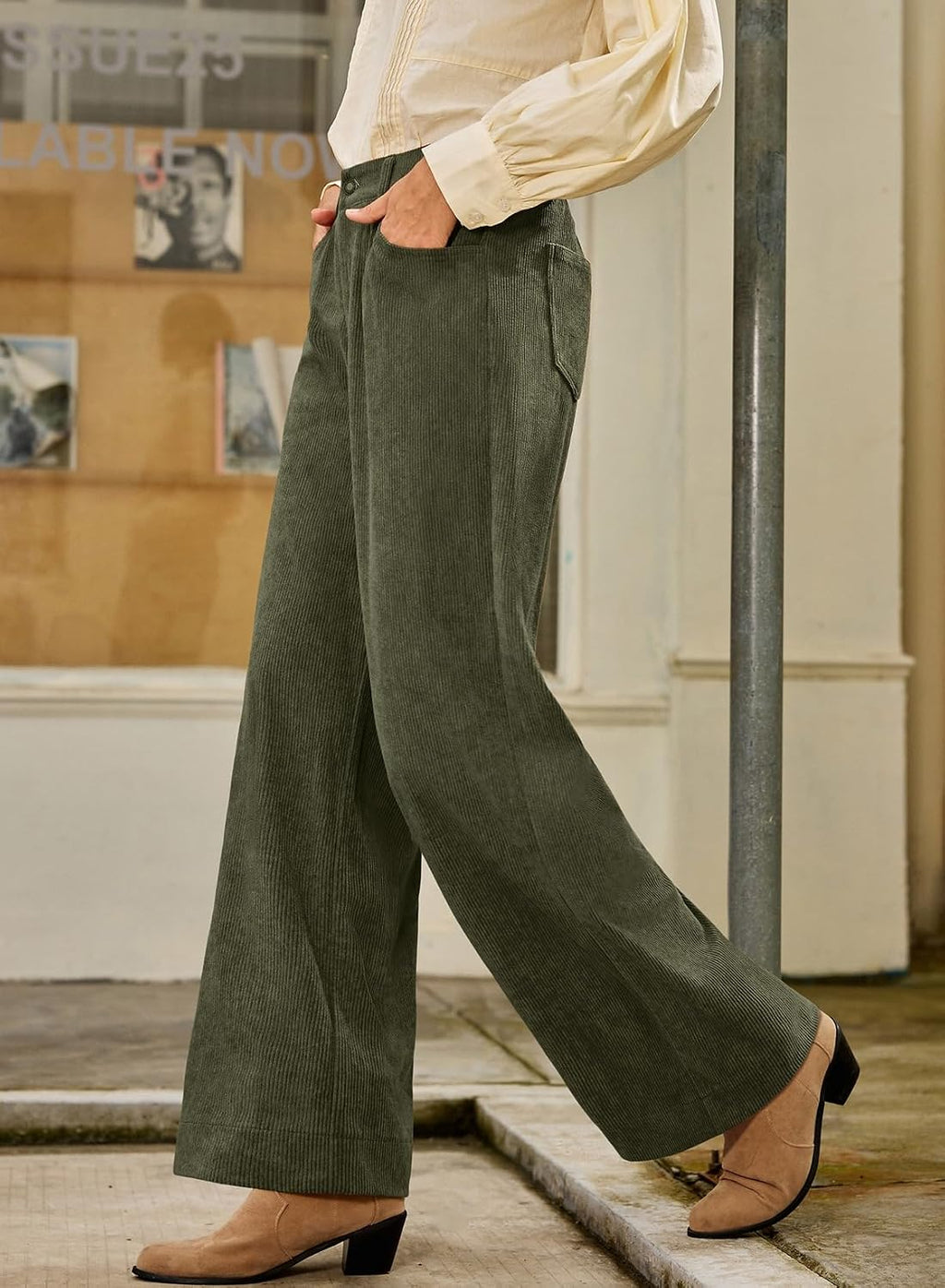 Sidefeel Women's Wide Leg Corduroy Pants High Waisted Baggy Trousers