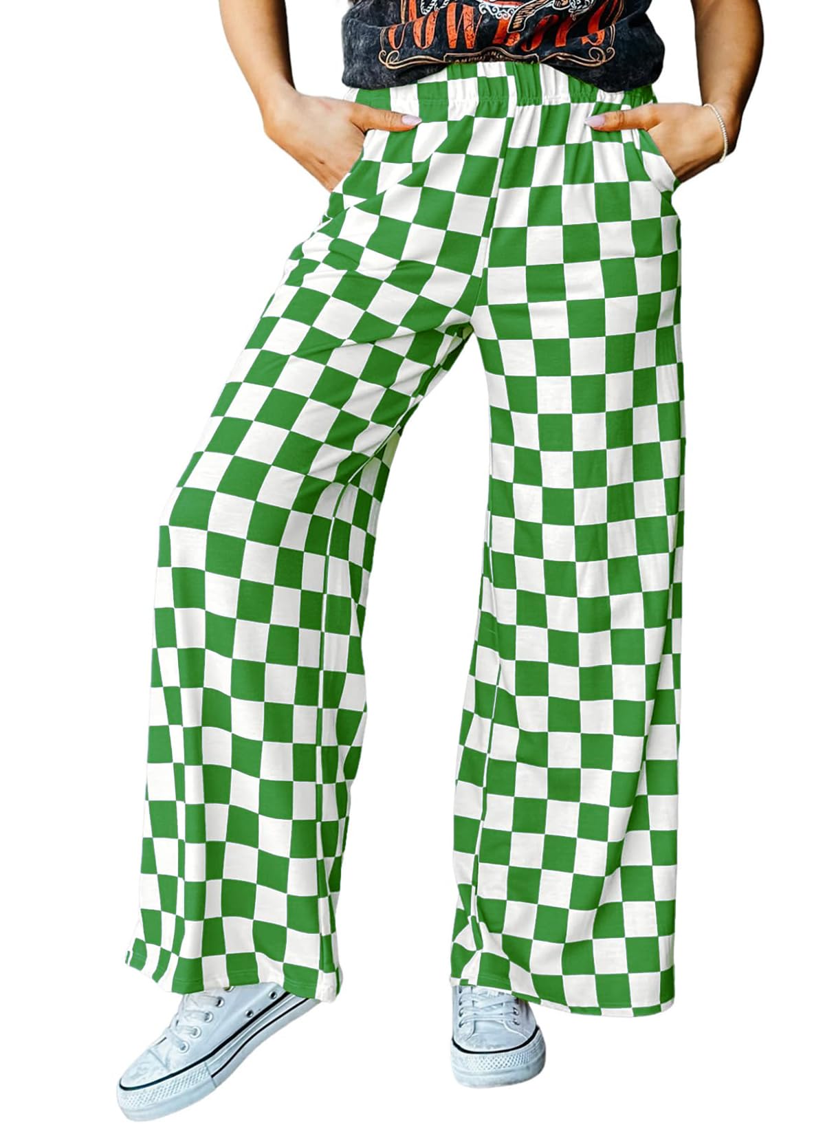 IWOLLENCE Women's Casual Loose Checkered Wide Leg Pants High Waist Straight Lounge Y2K Gingham Trousers