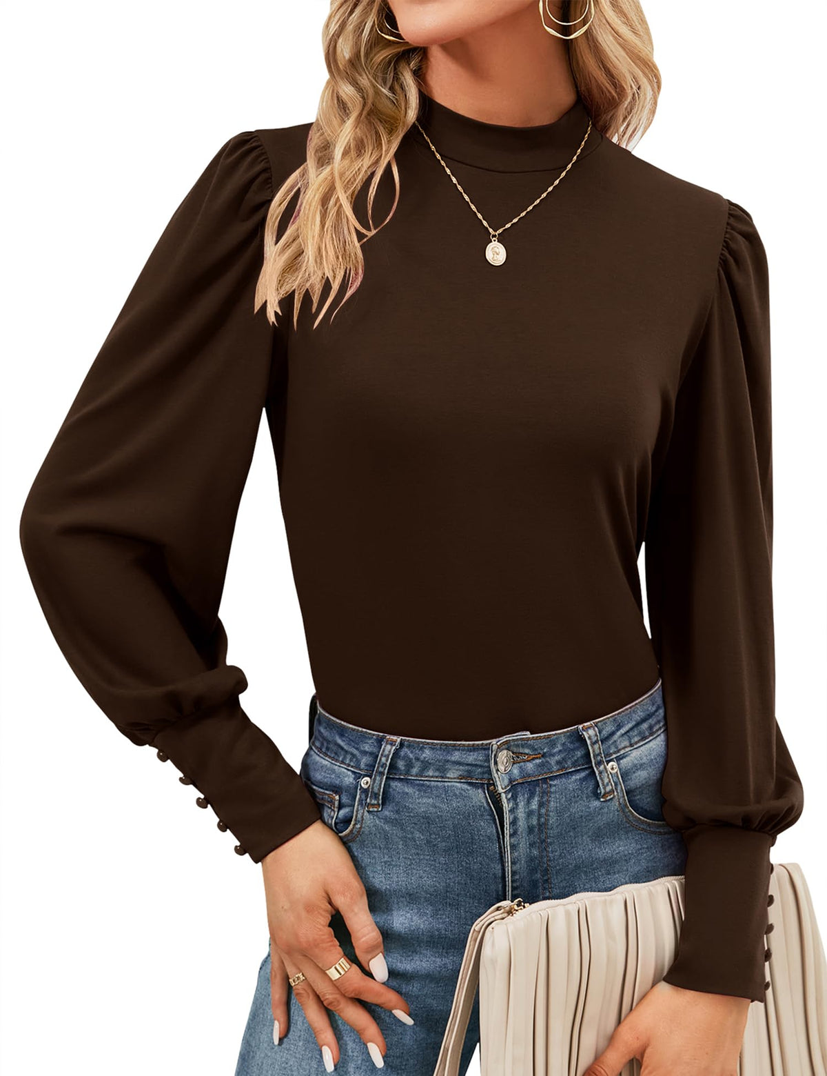 Mock Neck Tops for Womens Turtleneck Puff Long Sleeve Shirts Blouses
