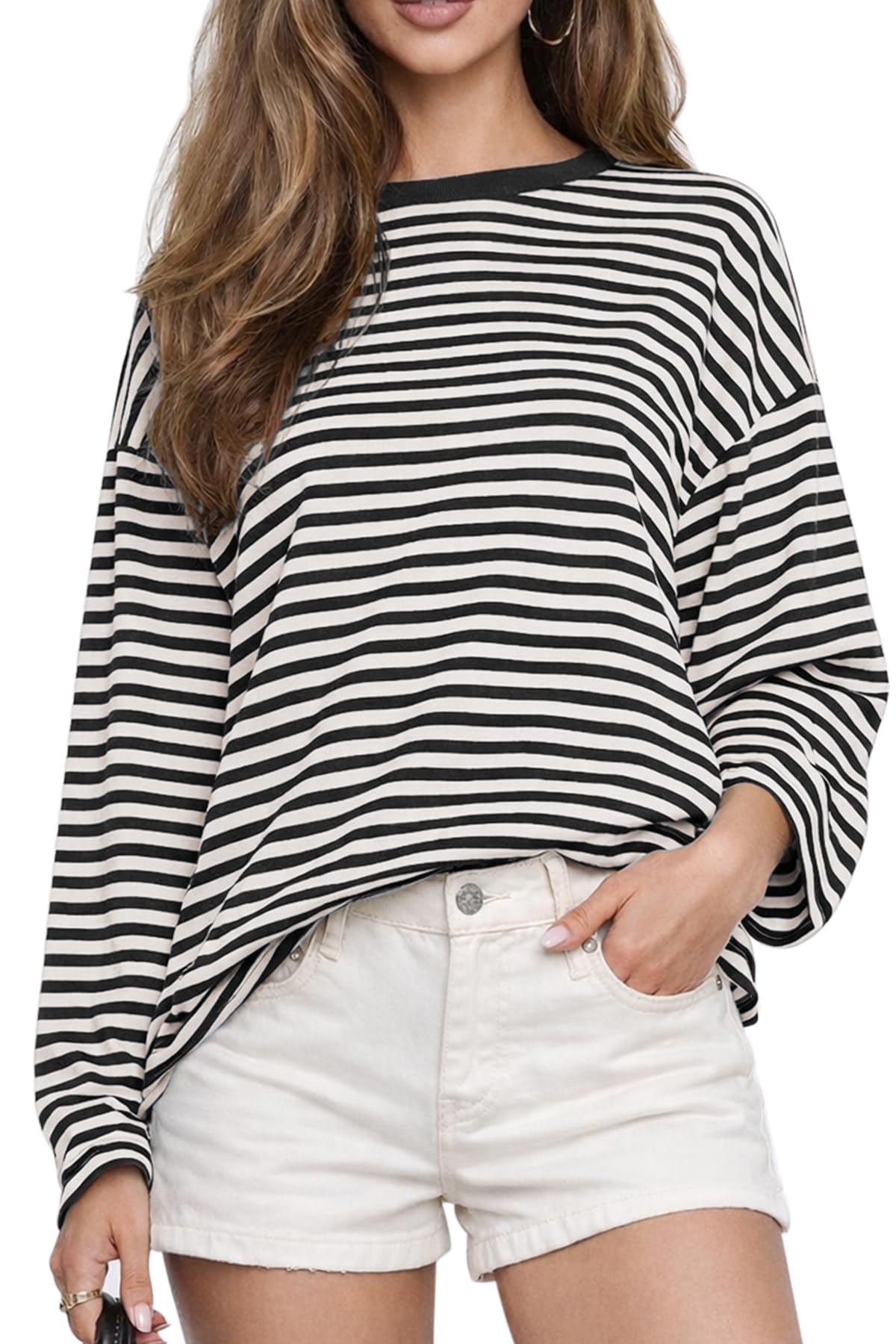 CHYRII Womens Oversized Striped Long Sleeve T Shirt Casual Fall Tops