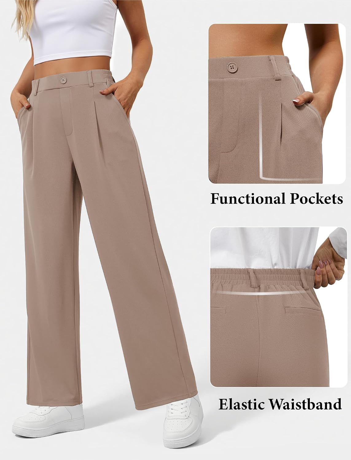 DLOODA Wide Leg Dress Pants for Women Pull on High Waisted Work Pants