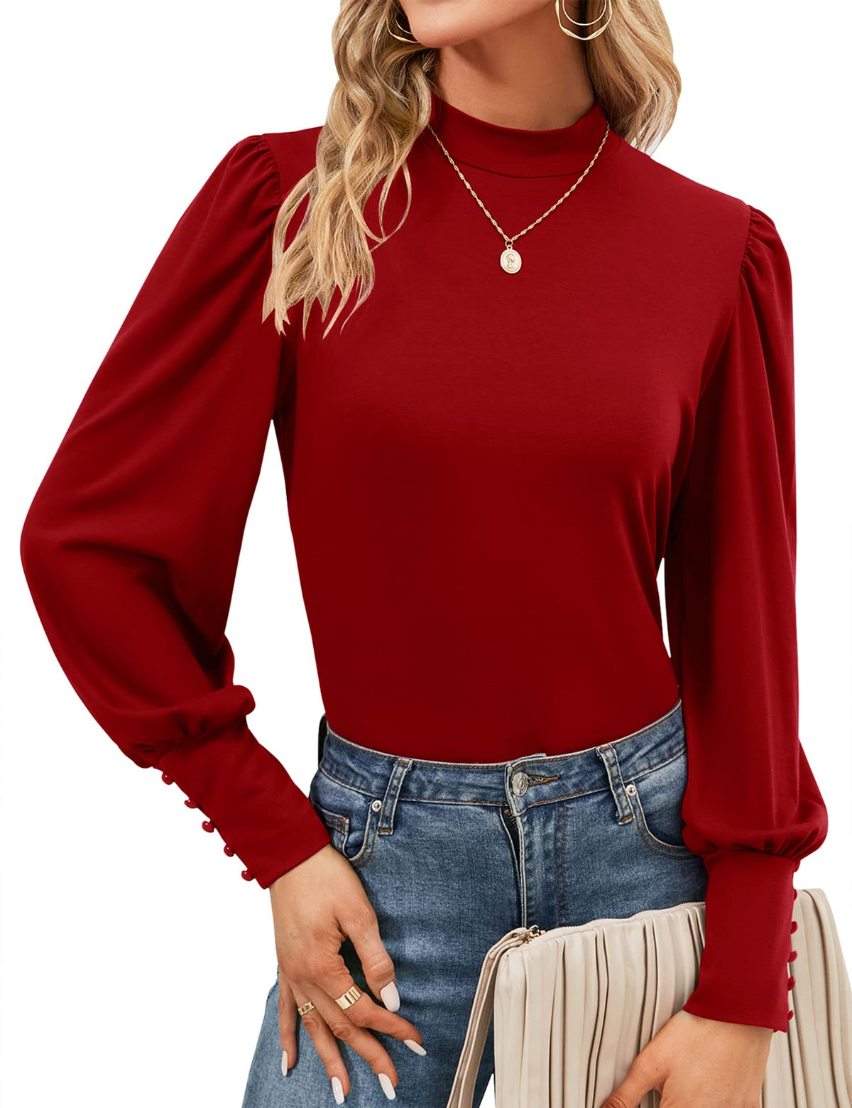 Mock Neck Tops for Womens Turtleneck Puff Long Sleeve Shirts Blouses