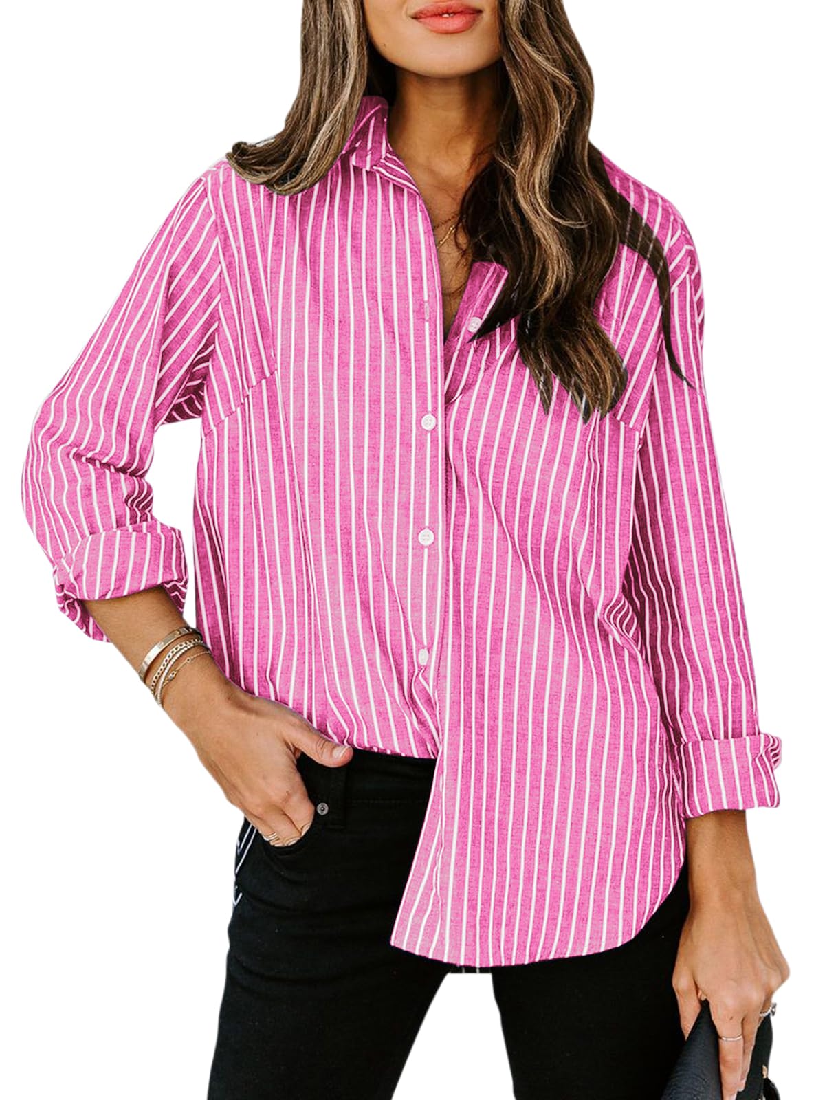 siliteelon Striped Button Down Shirts Women Cotton Long Sleeve Work Blouses
