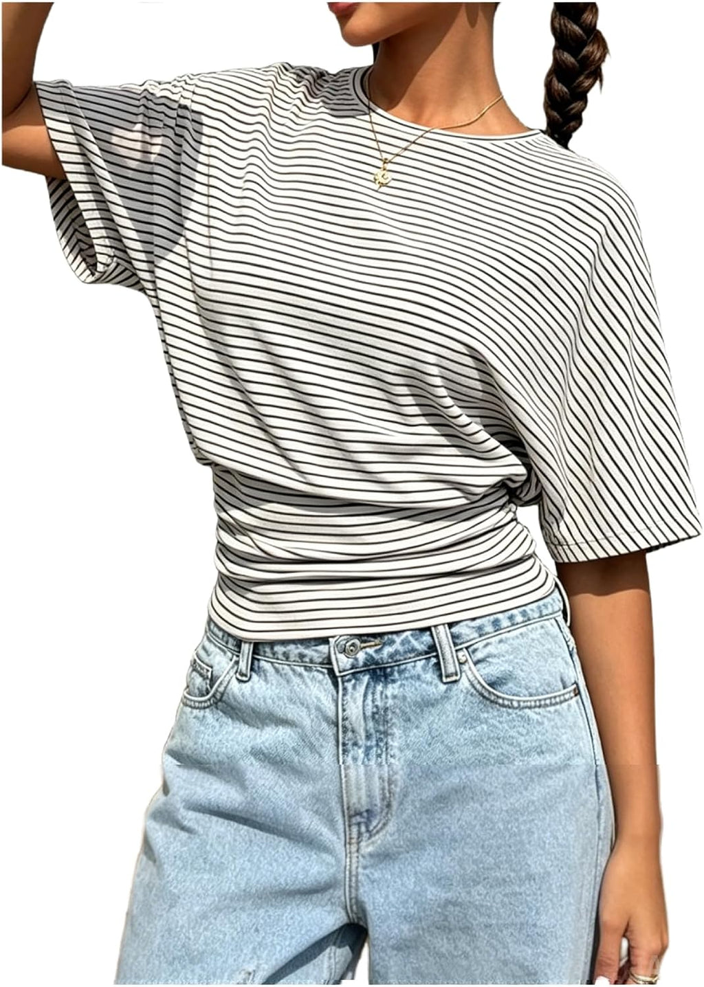 Milumia Women's Cinched Waist Striped Dolman Sleeves T Shirts Going Out Top