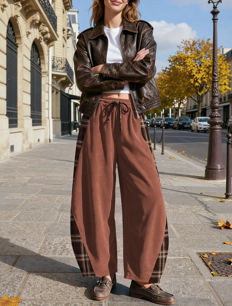 TARSE Womens Corduroy Barrel Pants with Pockets Y2K Plaid Patchwork Panels