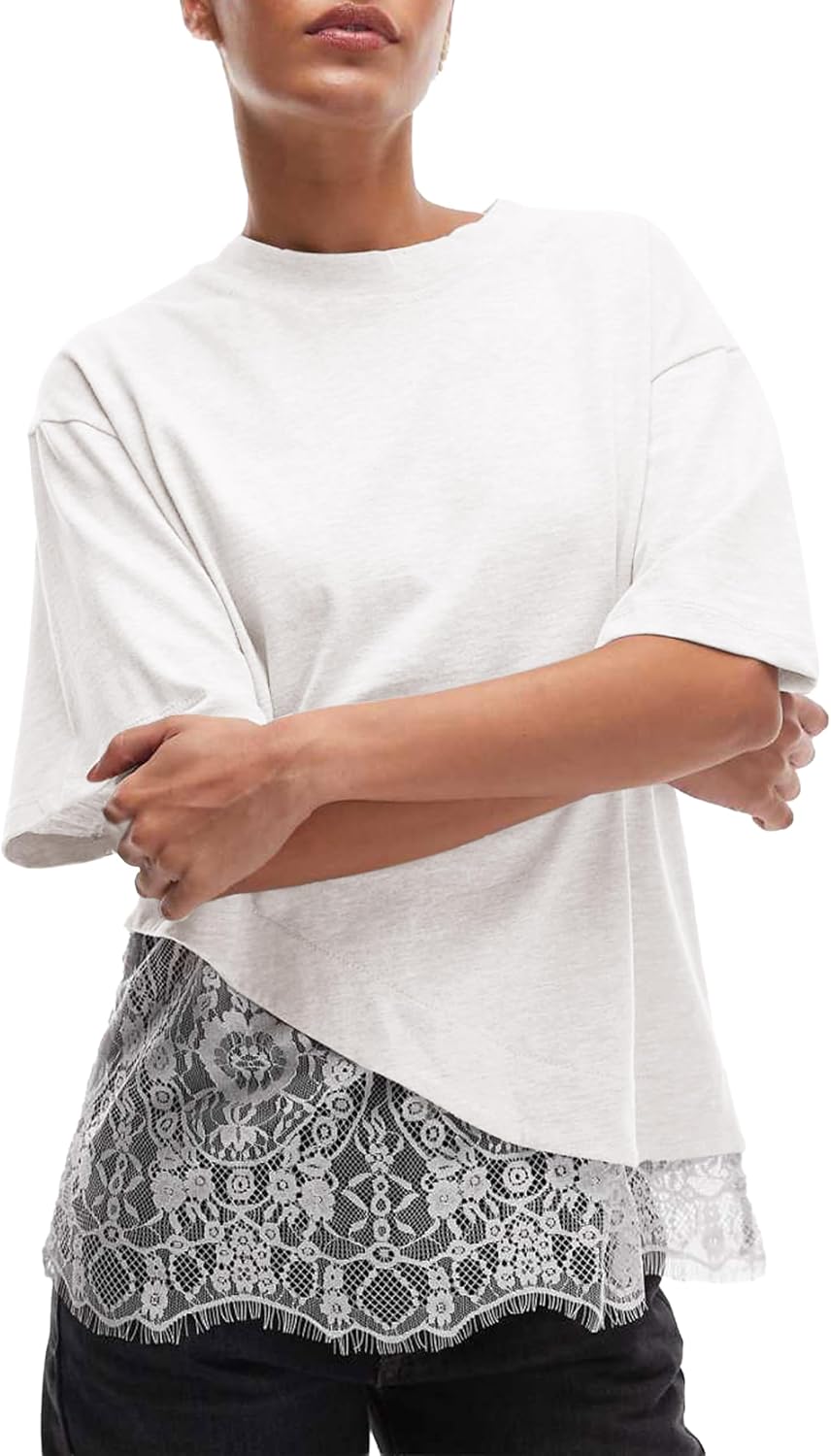 Womens Lace Patchwork Tops Casual Short Sleeve Cotton T Shirts