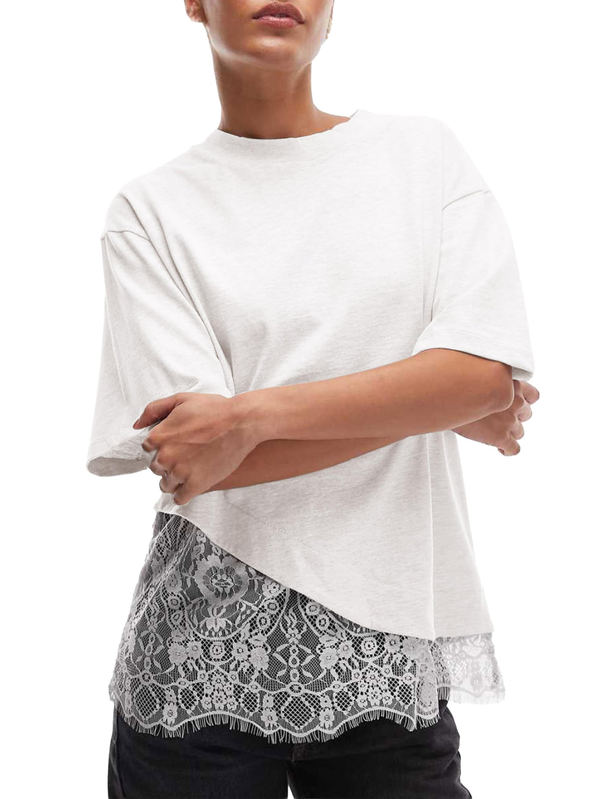 Womens Lace Patchwork Tops Casual Short Sleeve Cotton T Shirts
