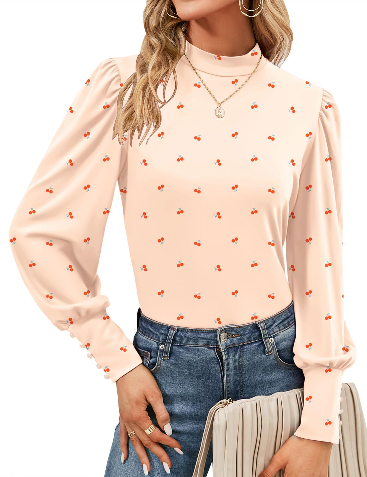 Mock Neck Tops for Womens Turtleneck Puff Long Sleeve Shirts Blouses