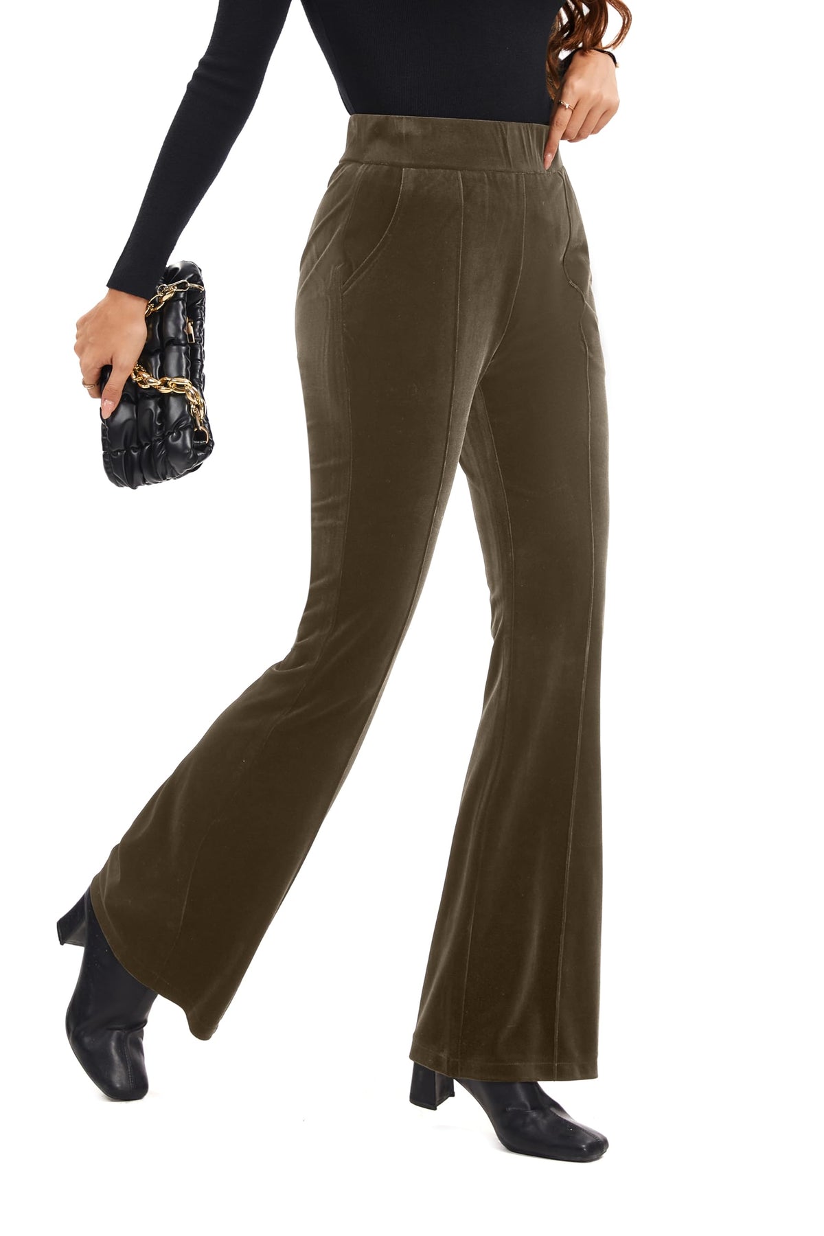 FUNYYZO Velvet Pants Women Flare Pull On Elastic Waist Holiday Outfits