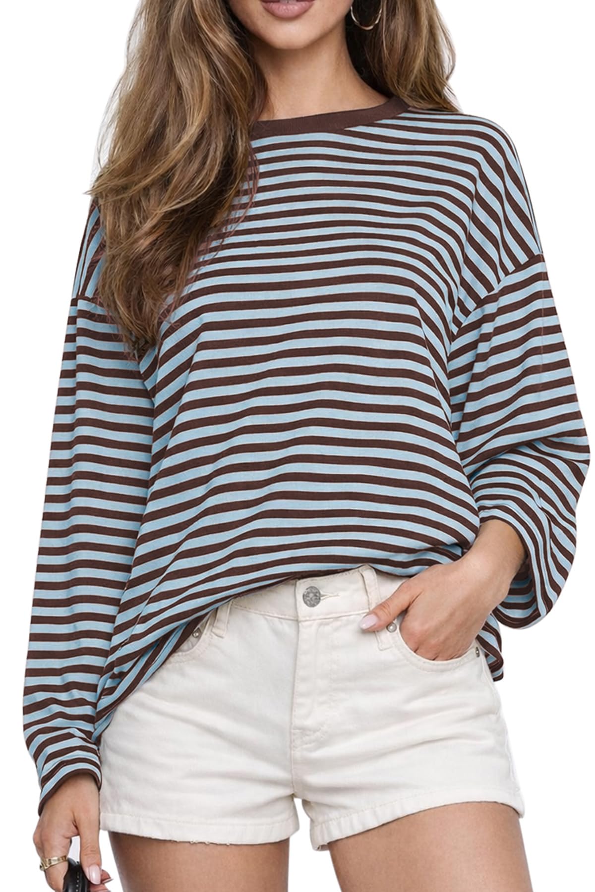 CHYRII Womens Oversized Striped Long Sleeve T Shirt Casual Fall Tops
