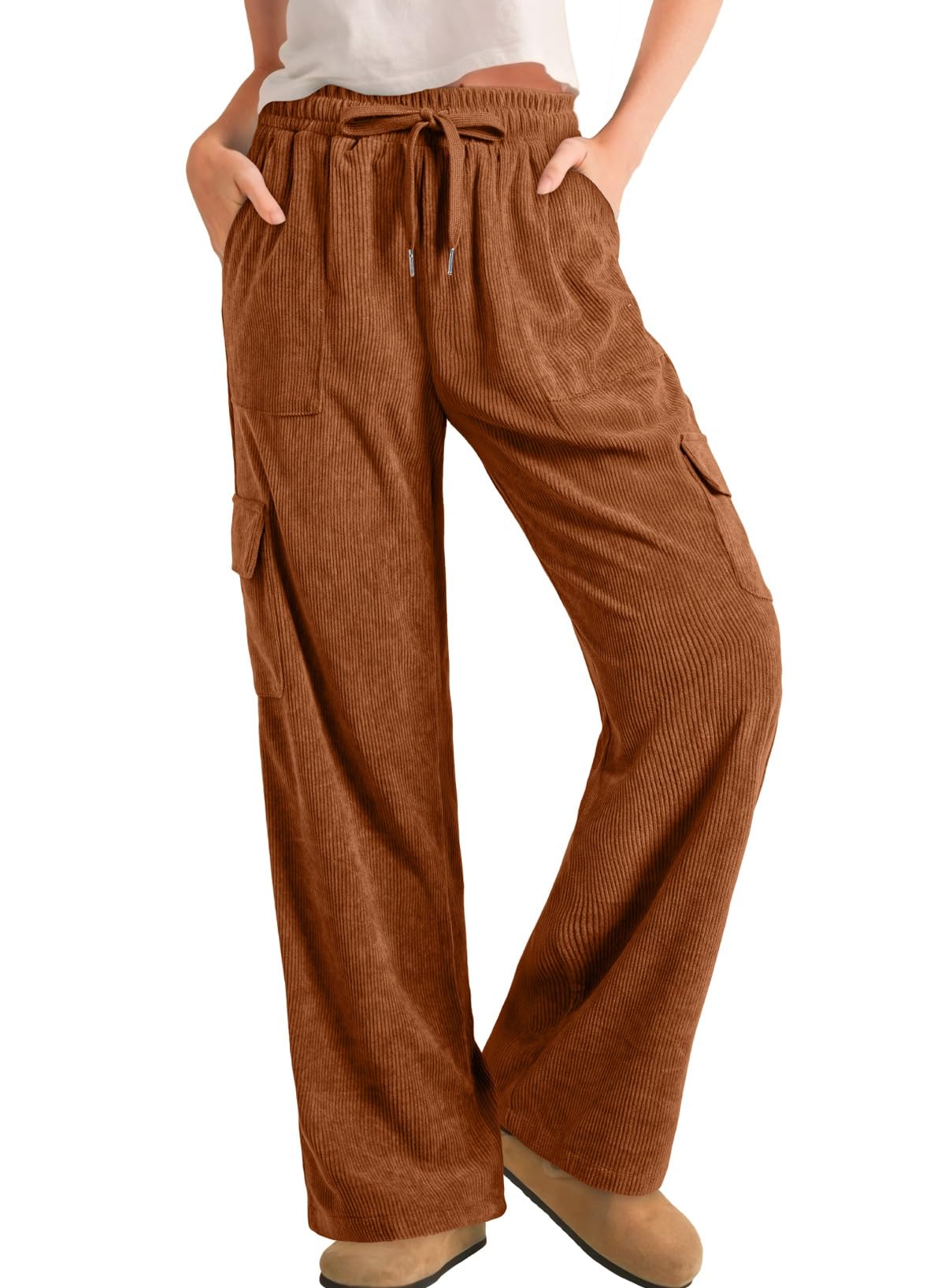 Sidefeel Womens Corduroy Pants Casual High Waisted Elastic Drawstring Cargo Loose Fit Wide Leg Pants with Pockets