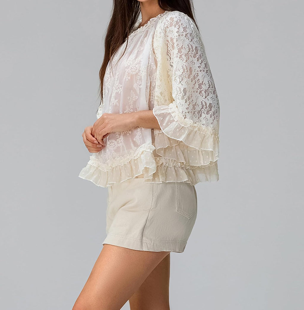 Womens Boho Flowy Lace Shirt Sheer Ruffle Flare Sleeve Casual Loose See Through Cover Up Top Blouse Summer Beachwear