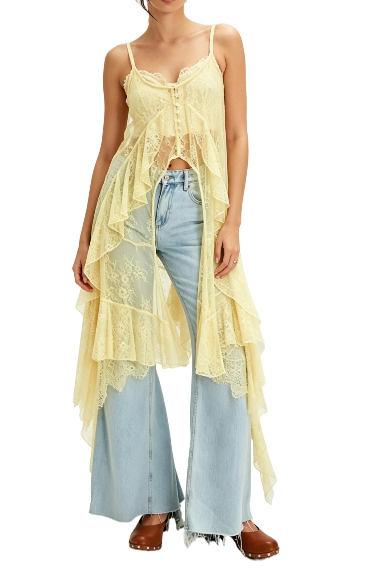 Women Sheer Floral Lace Cami Tops Spaghetti Strap Ruffle Flowy Long Tank Tops Sexy Split Front Going Out Top