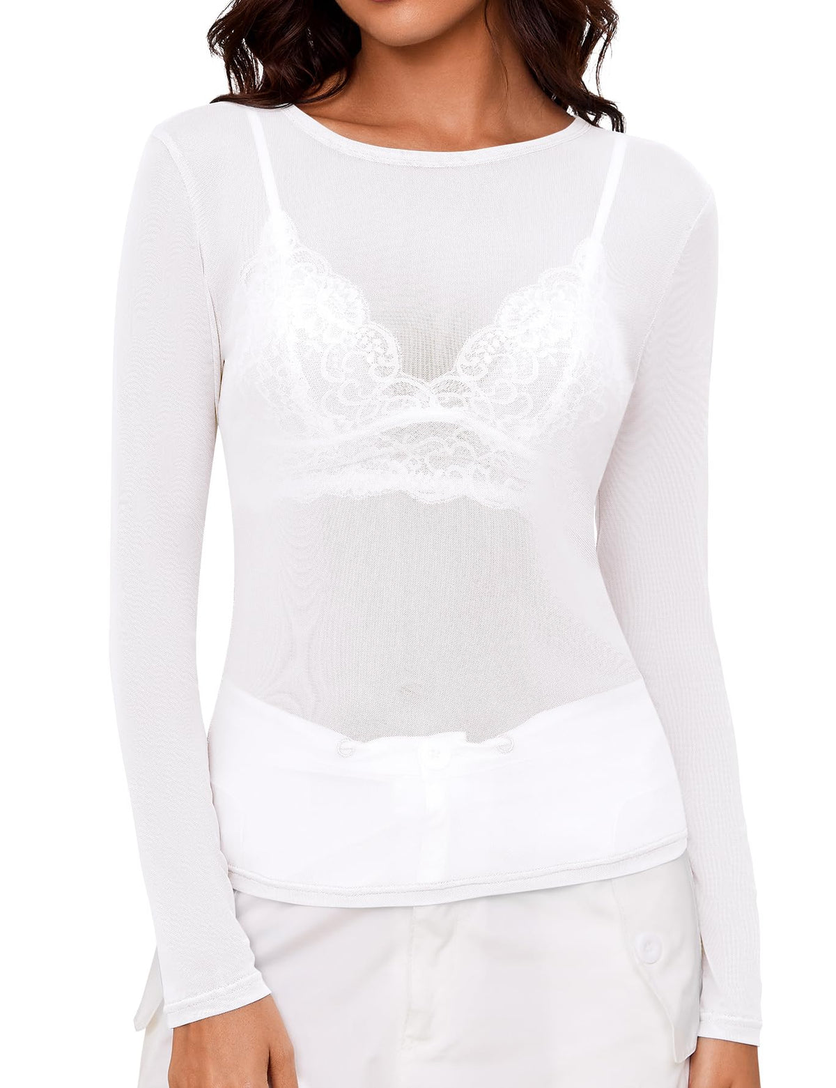 AKEWEI Womens Mesh Long Sleeve Tops Crew Neck Sexy See Through Tee Shirts Party Club Night Lace Blouse