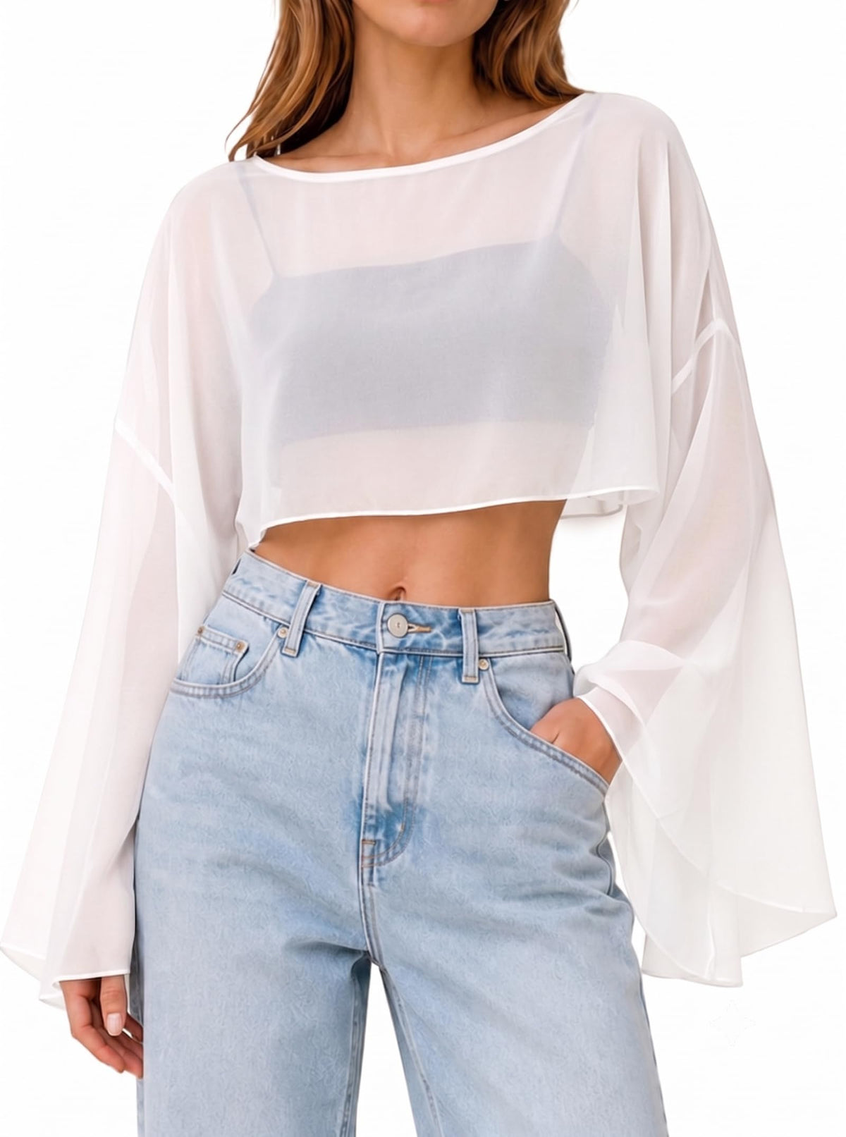 Avanova Women Boat Neck Sheer Mesh Crop Top Bell Long Sleeve Tops