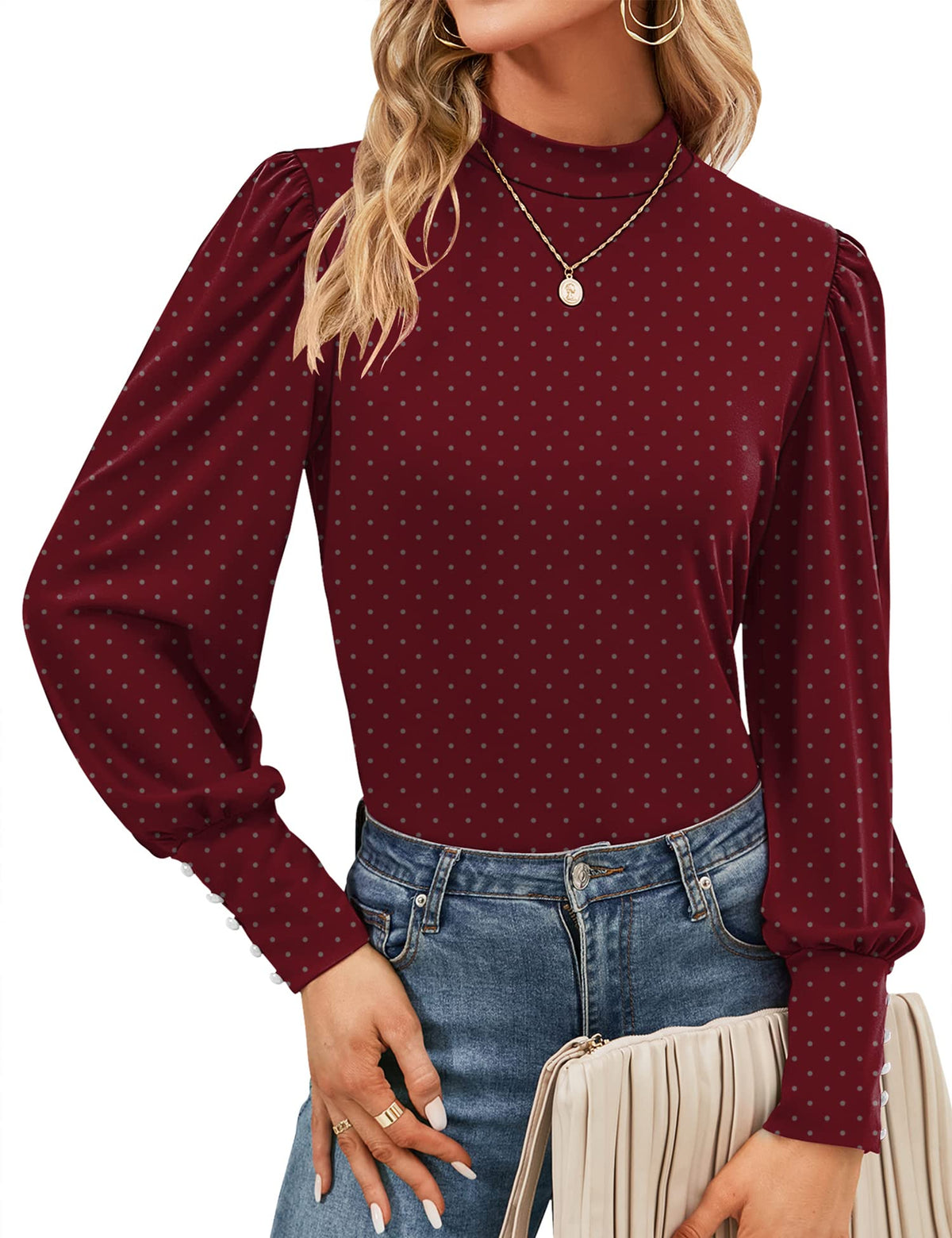 Mock Neck Tops for Womens Turtleneck Puff Long Sleeve Shirts Blouses