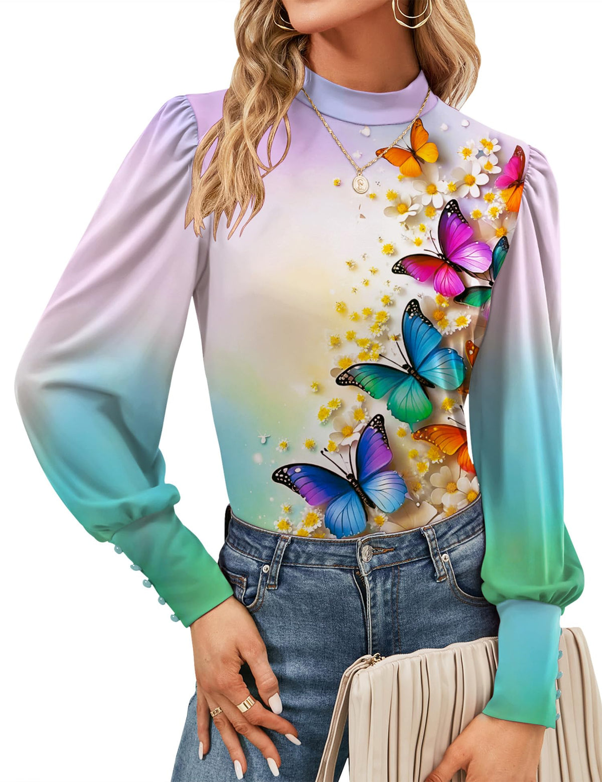 Mock Neck Tops for Womens Turtleneck Puff Long Sleeve Shirts Blouses