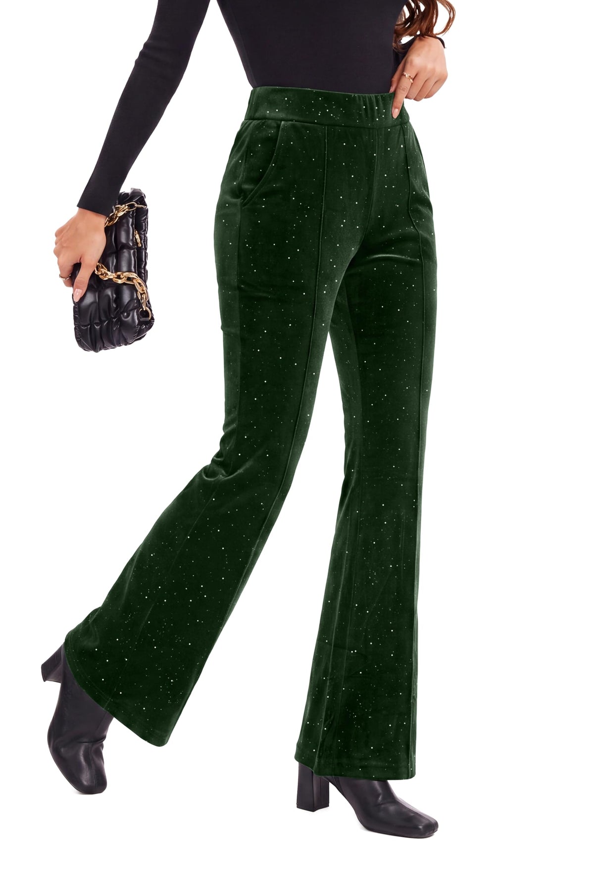 FUNYYZO Velvet Pants Women Flare Pull On Elastic Waist Holiday Outfits